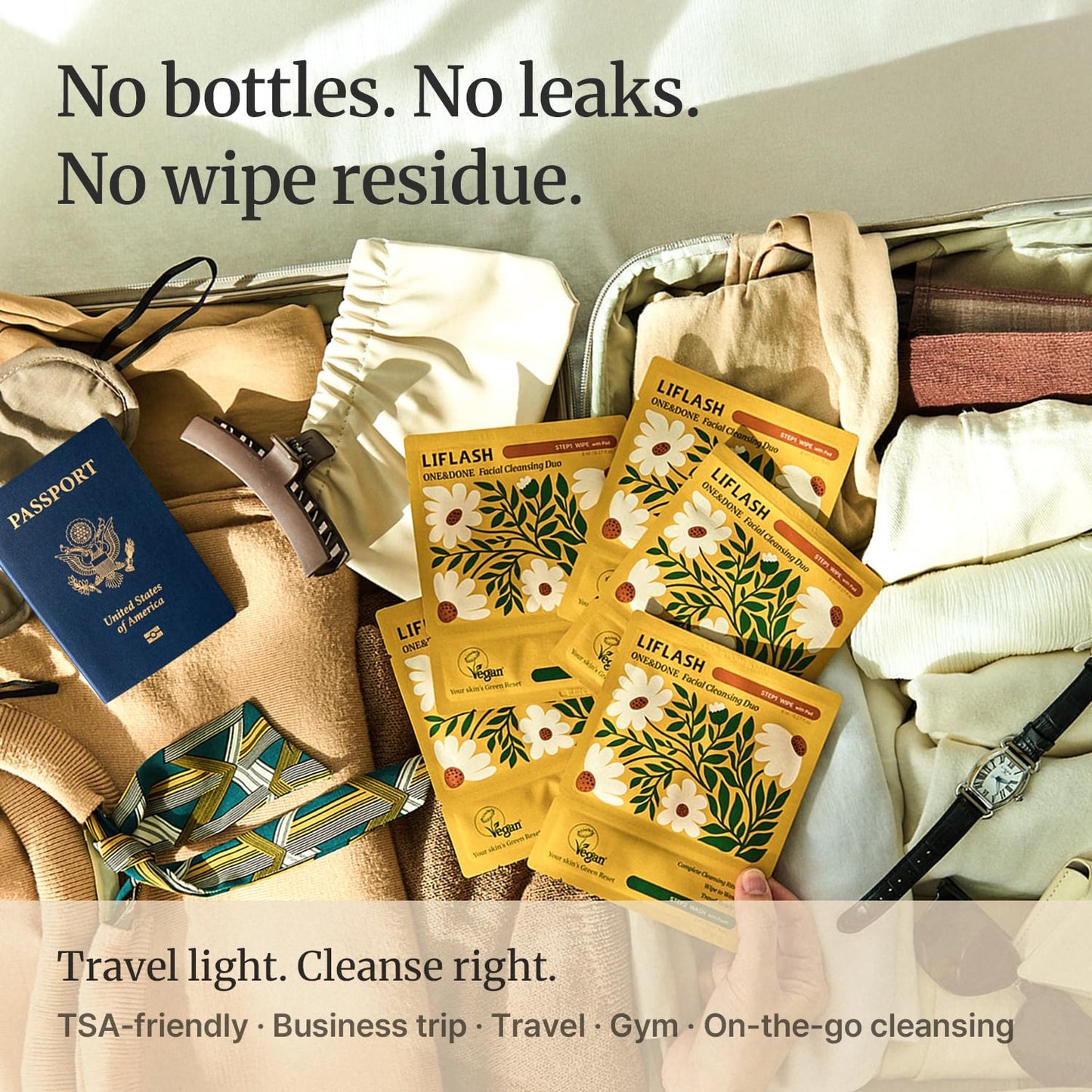 Travel Size Face Wash Packets, 2-Step Single-Use Cleanser (Micellar Pad & Foam), LIFLASH Facial Cleansing Duo, Makeup Remover, TSA-Friendly Double Cleanse, Individually Wrapped, Vegan K-Beauty, 10Ct