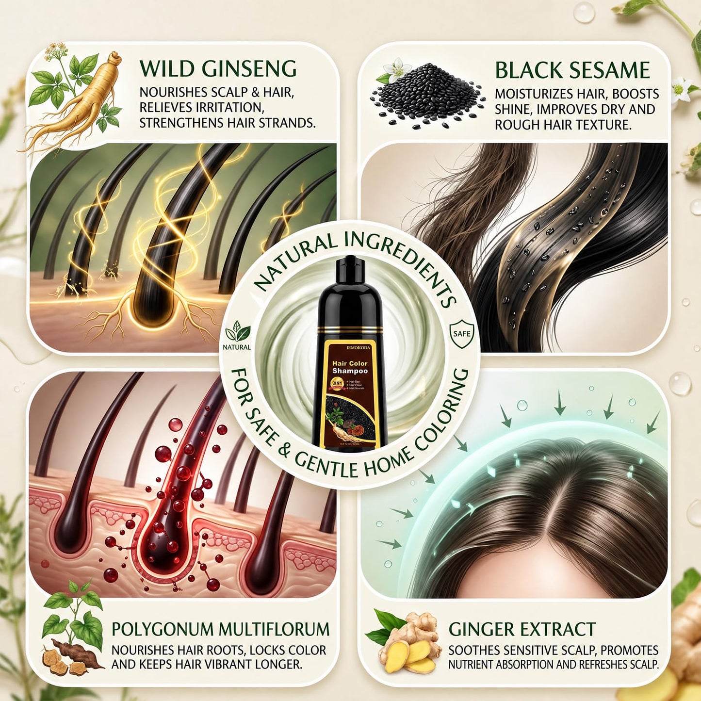 Instant Black Hair Dye Shampoo - 100% Gray Coverage | Herbal Formula, 3-in-1 Care, 500ML