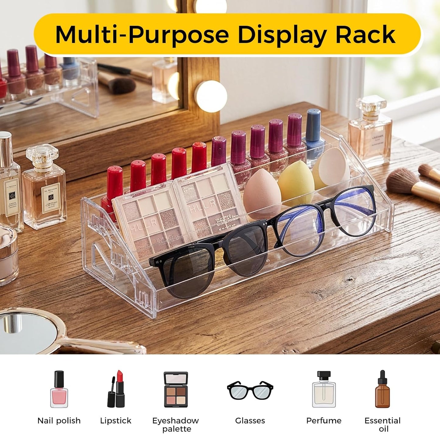 Acrylic Nail Polish Organizer - 3-Tier Clear Display Rack for Makeup, Essential Oils & Sunglasses | Holds 36 Bottles