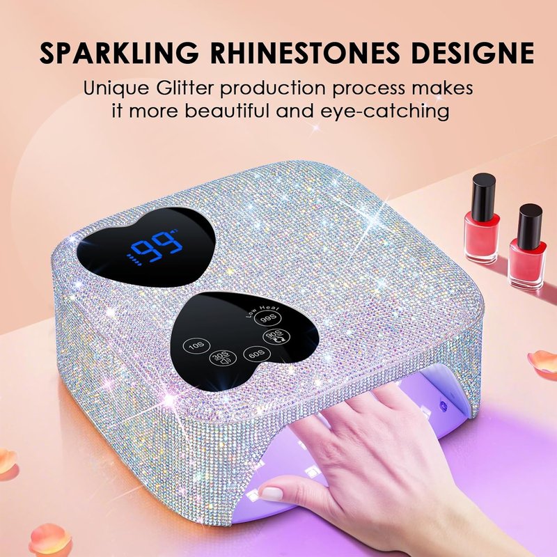 HUITINE UV LED Nail Lamp - Cordless 80W Rechargeable Gel Light Dryer with 5 Timers & Mirror Base | Sparkling Rhinestones Design