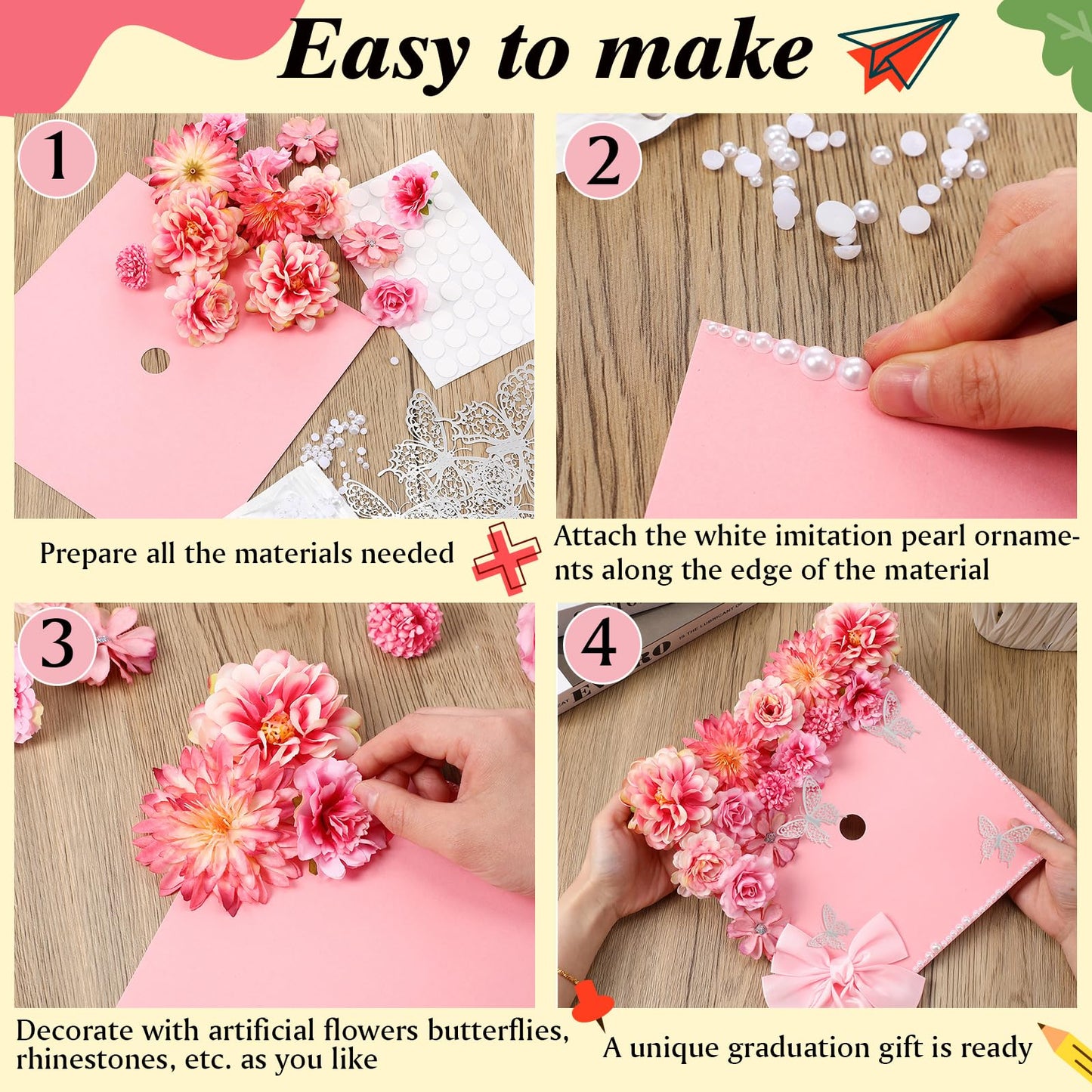 MotiMind 41 Pcs Pink DIY Graduation Cap Decoration Kit, Grad Cap Decorations Grad Hat Topper Faux Assorted Flowers Bows 3D Cream Construction Paper Butterfly Stickers Pearl Adhesive Dots