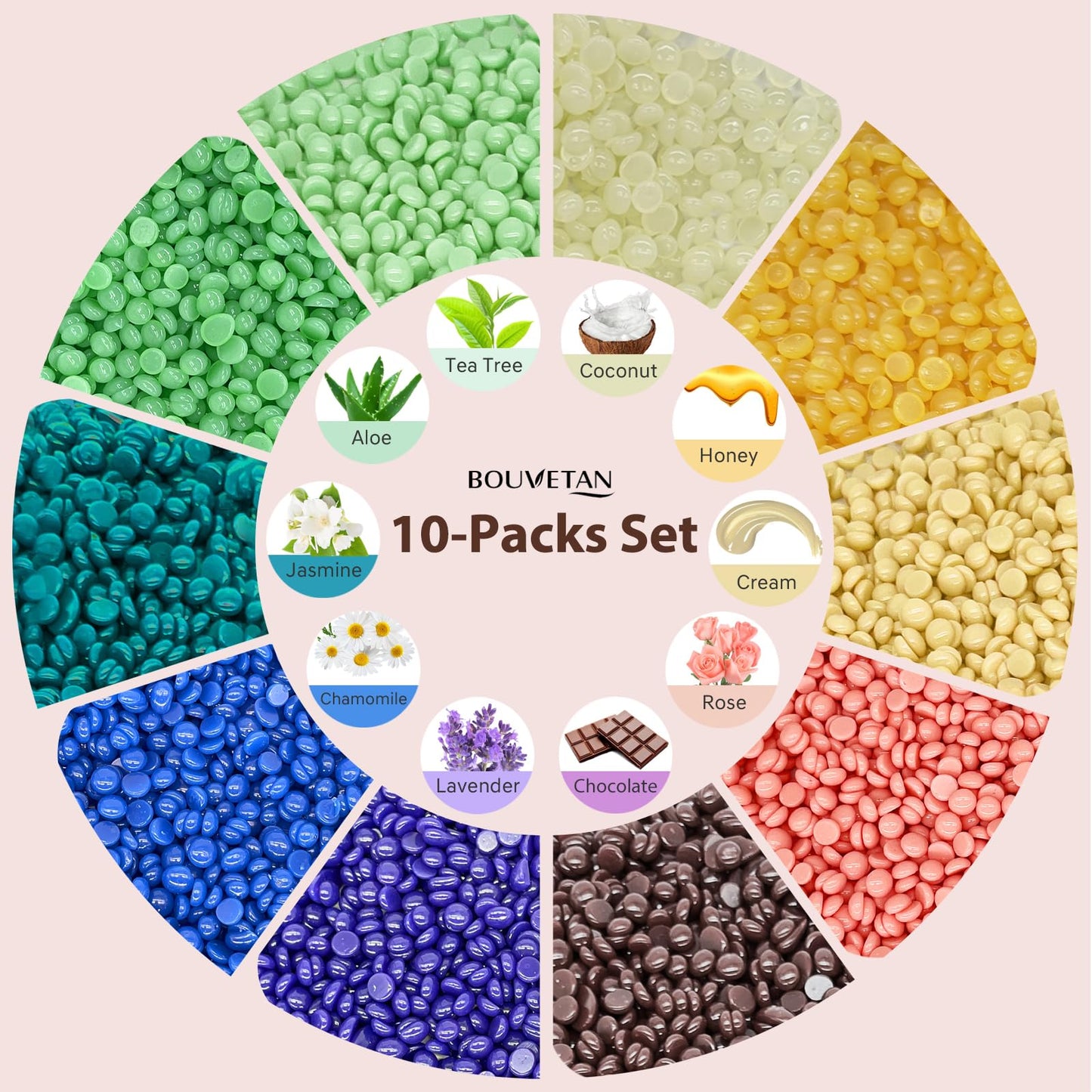 Bouvetan Wax Beads for Hair Removal, 2.2lb/1000g Hard Waxing Beans for Full Body, Brazilian, Bikini, Face, Eyebrows, Home Wax Refill for Women & Men, Pack of 10 with Pre & Post Oil
