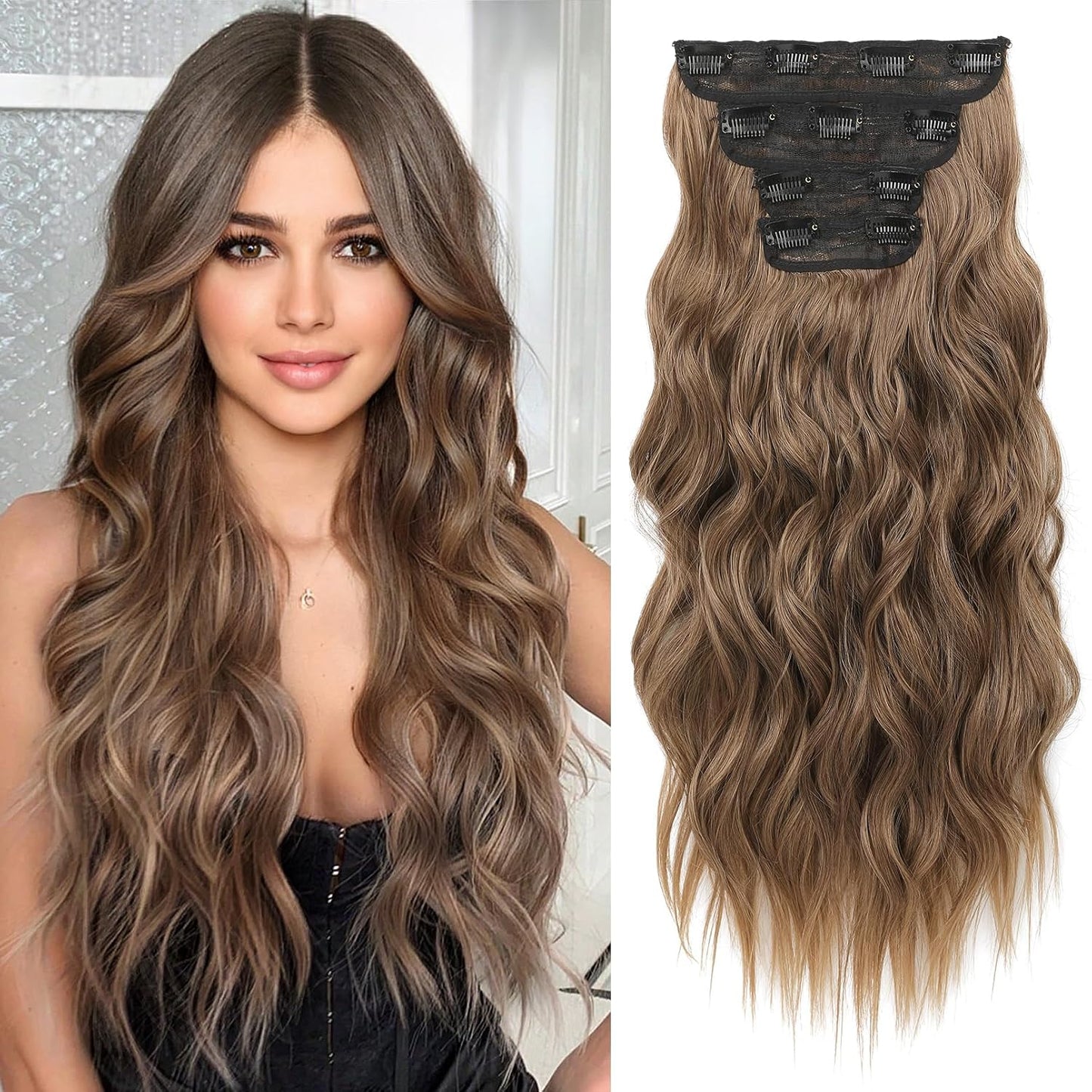 Clip-In Hair Extensions - 4PCS Natural Soft Synthetic Hairpieces for Women | Chocolate Brown