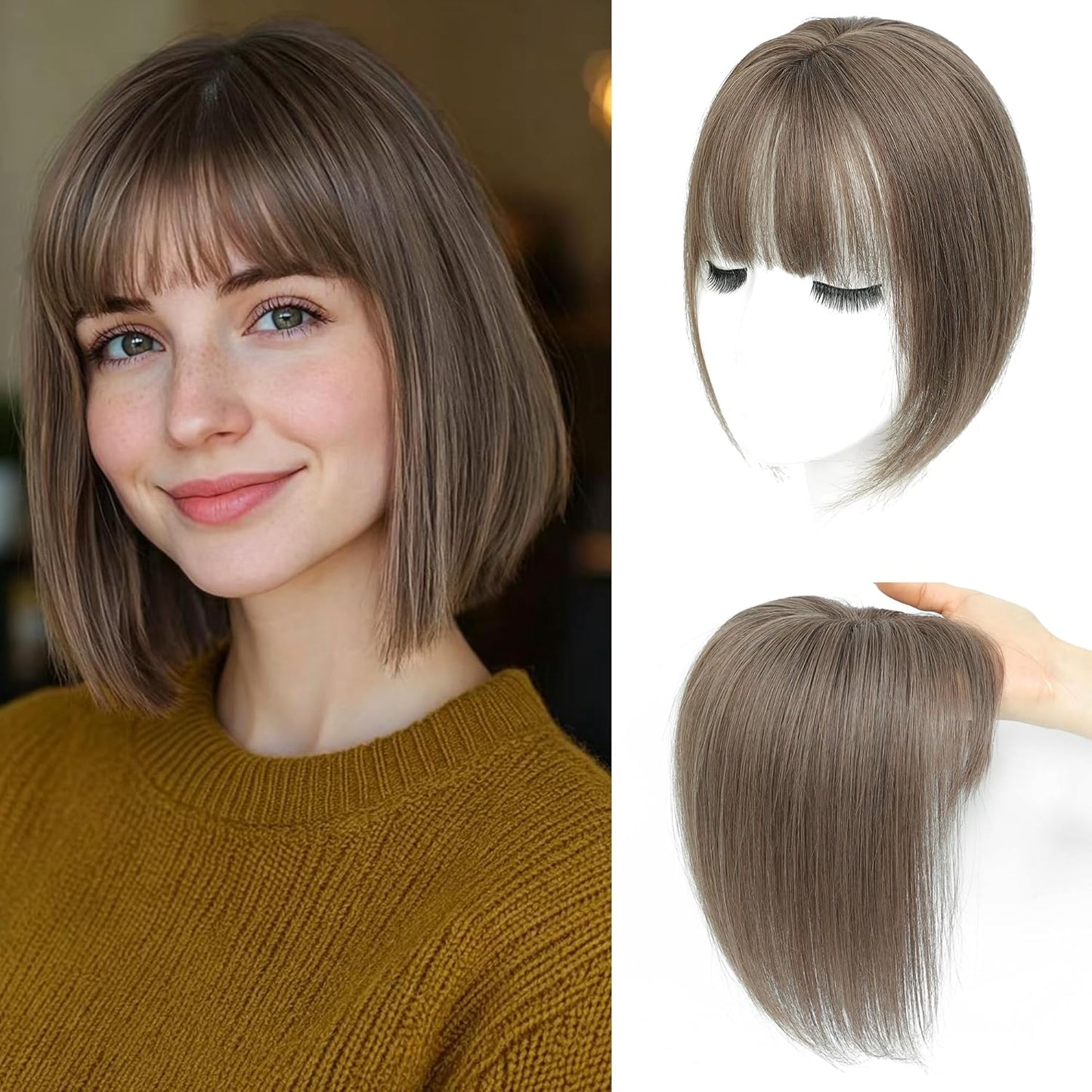 Human Hair Toppers for Women - Real Hair Pieces with Bangs | 360° Coverage, 10-Inch, 30g