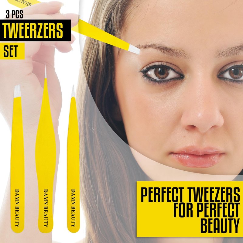 3PCS Tweezers Set for Men and Women, Professional Stainless Steel Pointed, Slanted & Ultra Fine Pointed Tweezer For Facial Hair, Splinter Removal and Ingrown Hair removal(Yellow)