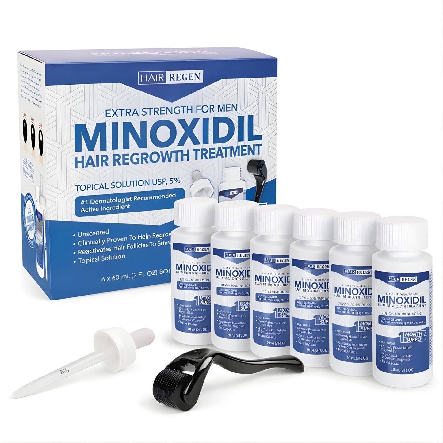 Hair Regen Liquid Minoxidil Men 5% With Hair Derma Roller for Scalp - Advanced Topical Solution for Regrowth - Men's Minoxidil for Growth of Men Hairs Loss 6 Pack as 6 Months Supply Kit