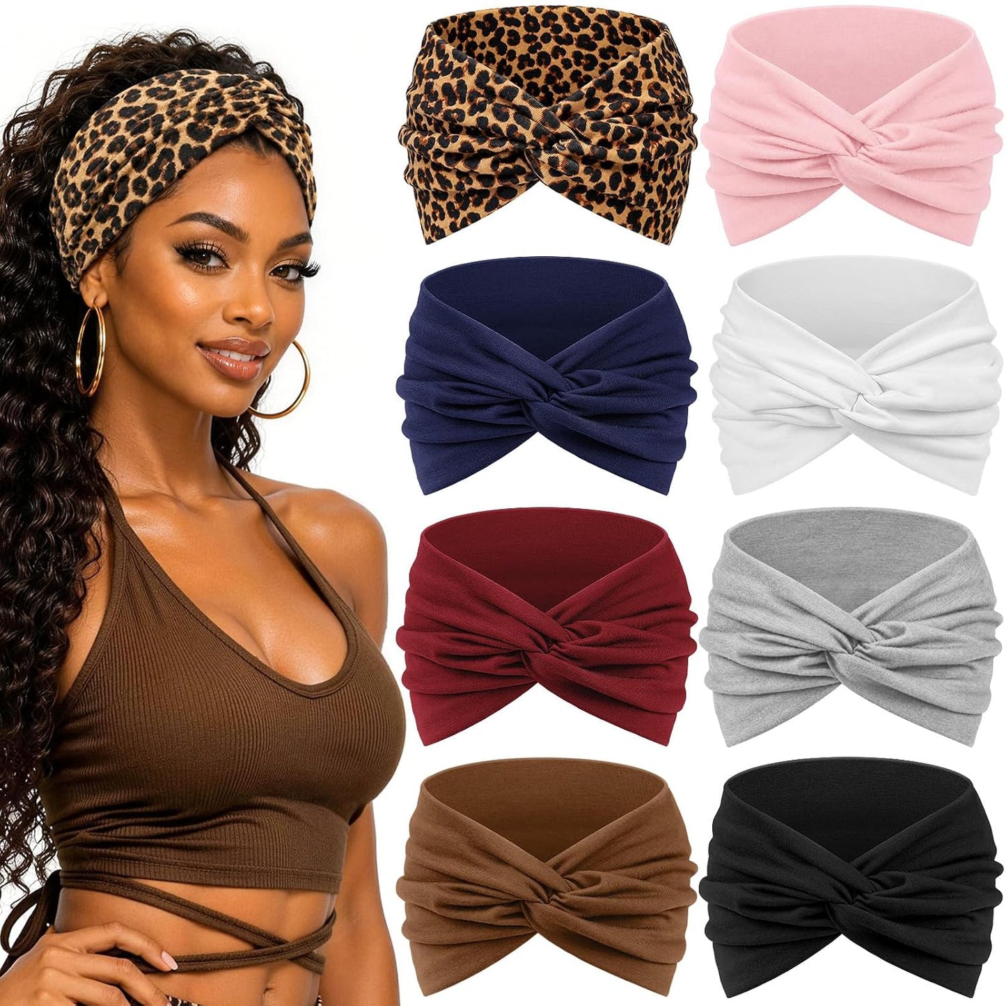Wide Headbands for Women - 7.08 Inch Thick Boho Turban Hair Wraps | Non-Slip, Moisture-Wicking, 8 Pack Multi Colors