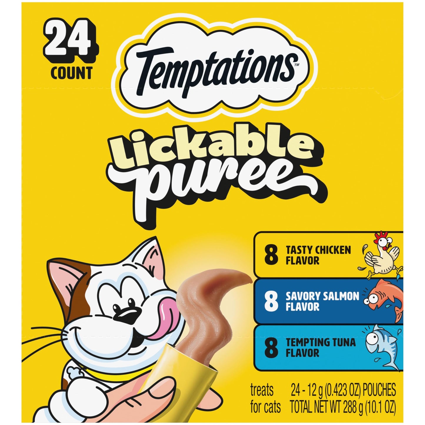 Temptations Creamy Puree Cat Treats, Chicken, Salmon & Tuna, 24 Count