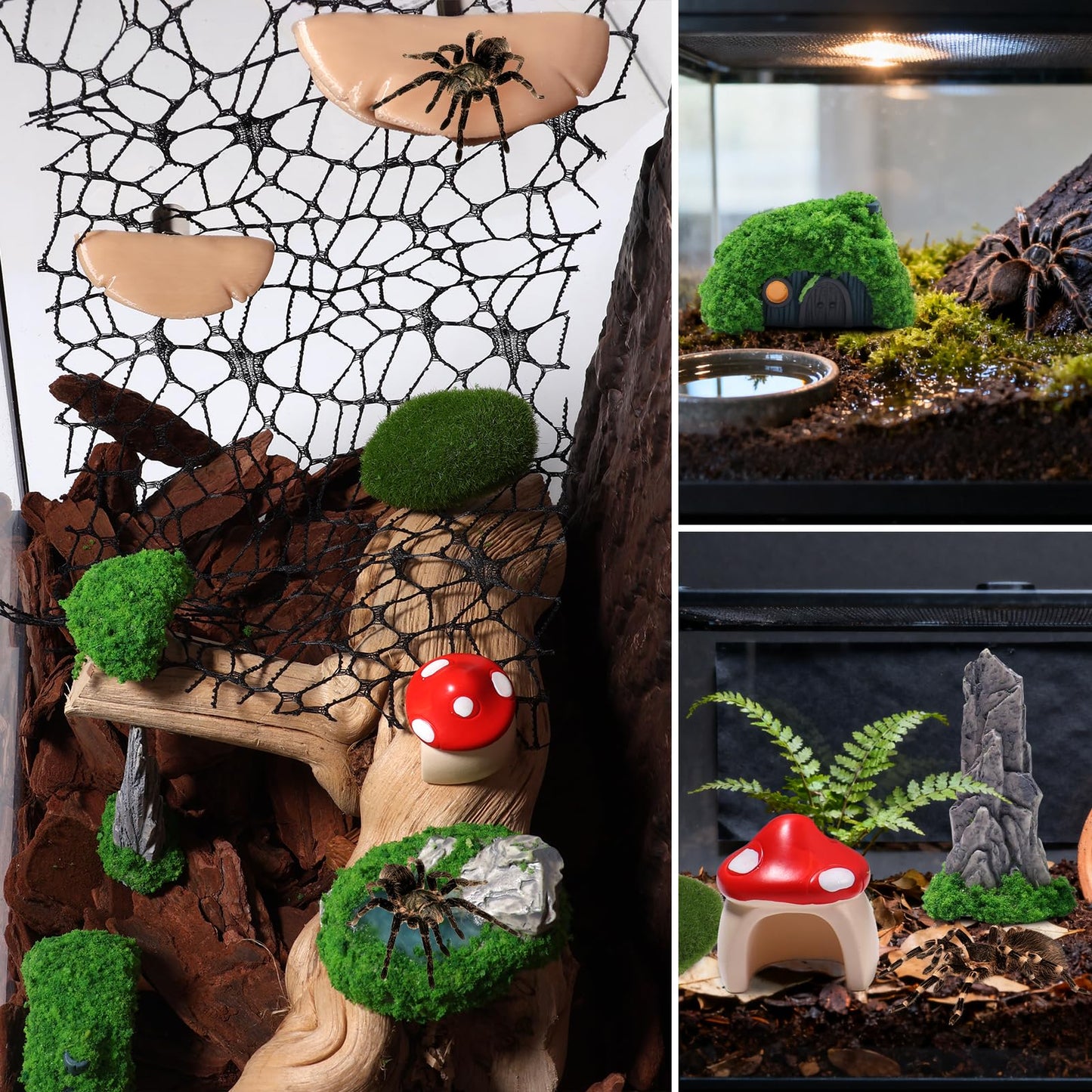 15 Pcs Jumping Spiders Hide Accessories, Jumping Spider Bridge Web Net, Mini Mountain Pond Trees Lawn Figurines Garden Mushroom Platform Decorations for Jumpings Spider Habitat Tank Enclosure Decor