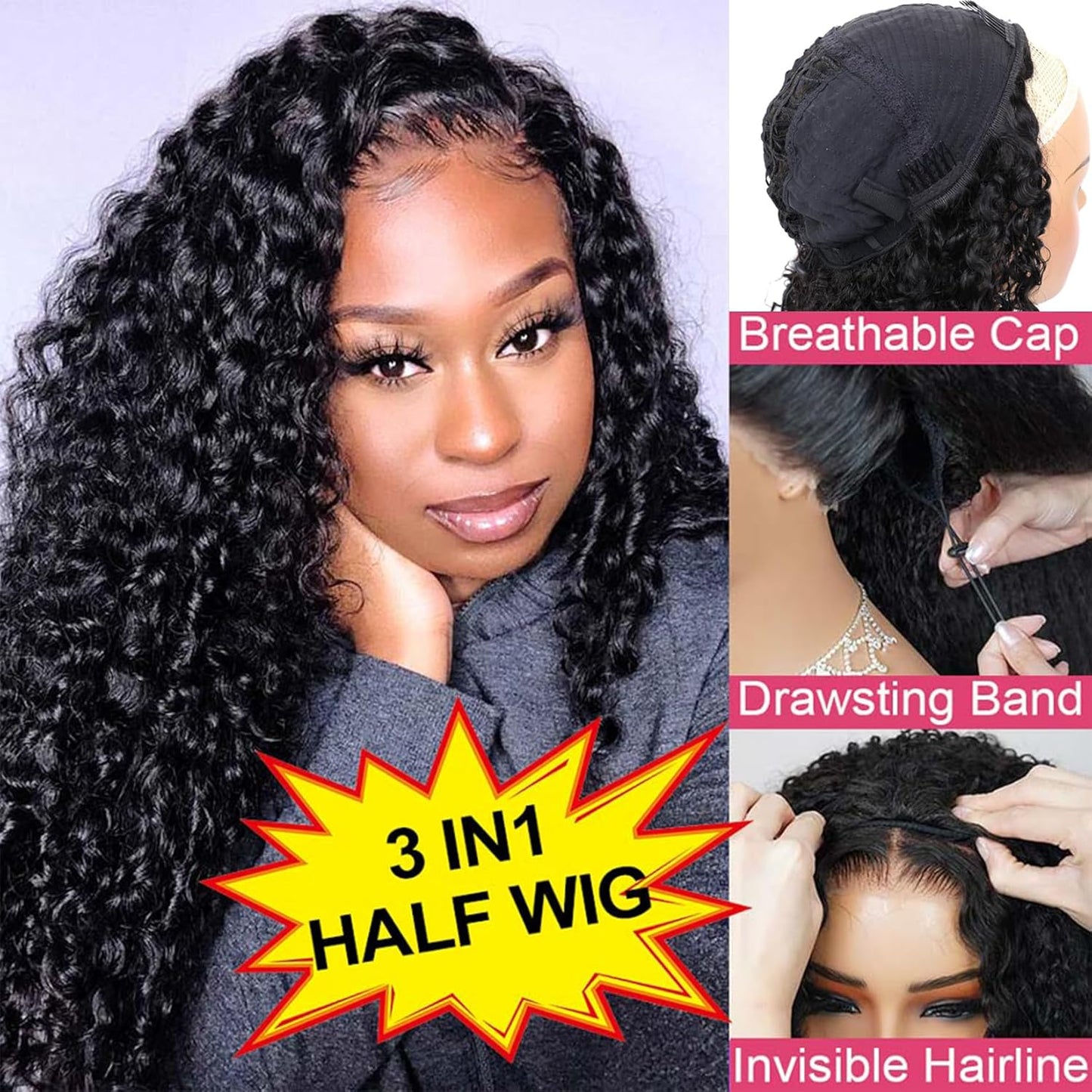 Burmese Curly Half Wig - 300% Density Human Hair | 12-Inch Clip-In, Seamless & Glueless for Easy Wear