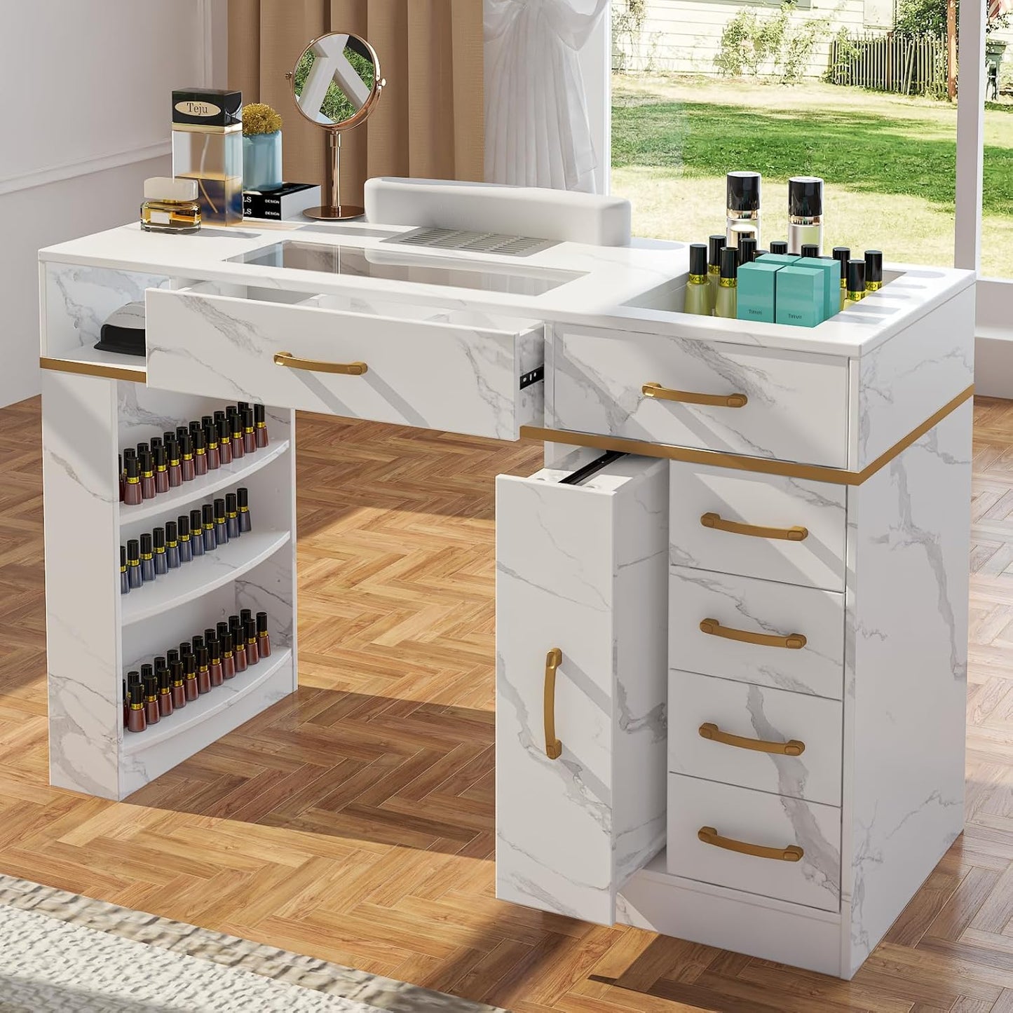 Manicure Table - Electric Dust Collector Nail Desk with Glass Top | Versatile Station for Salon & Home, White