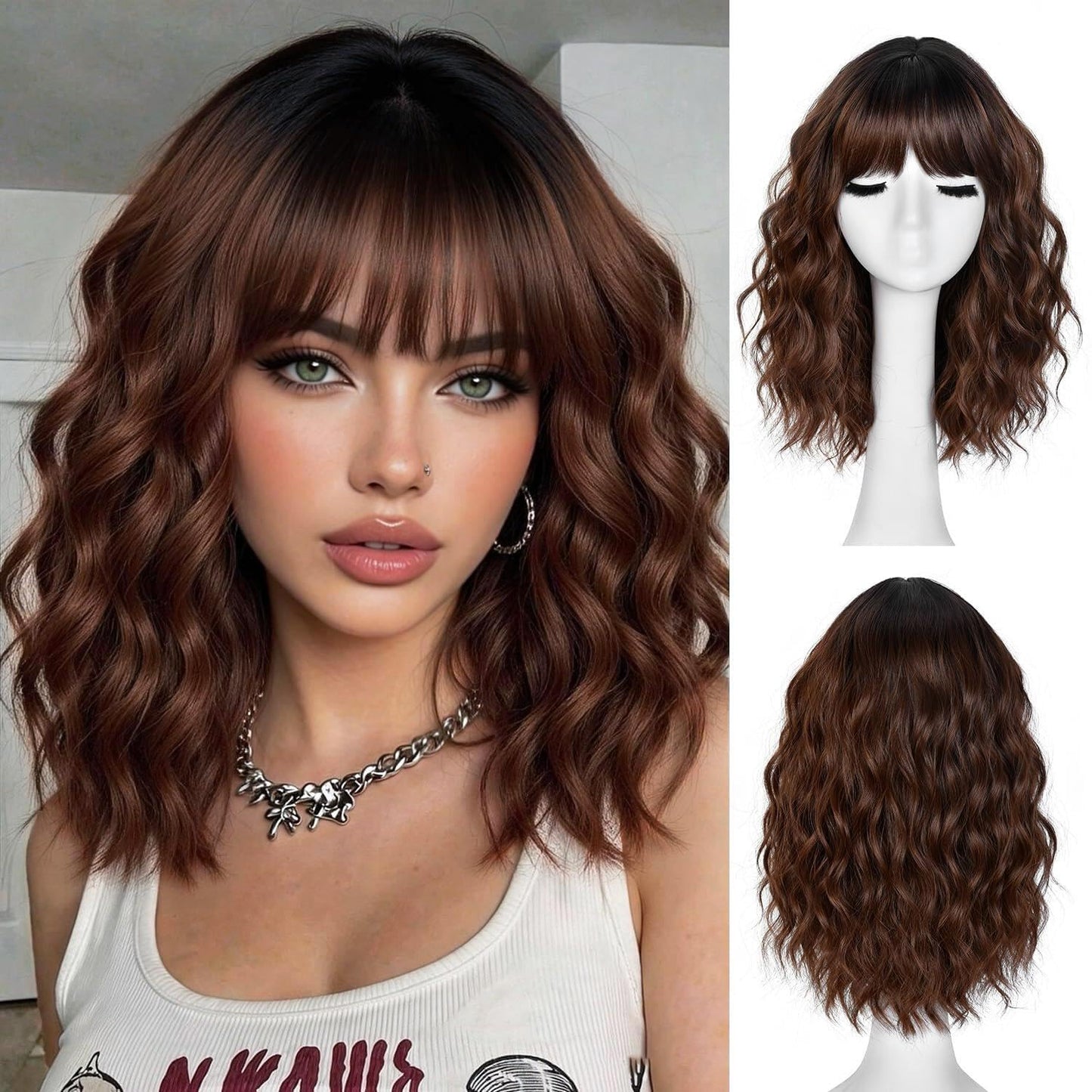 Short Wavy Wig with Bangs - Natural Curly Synthetic Hair for Daily Wear | 14-Inch Brown Highlight