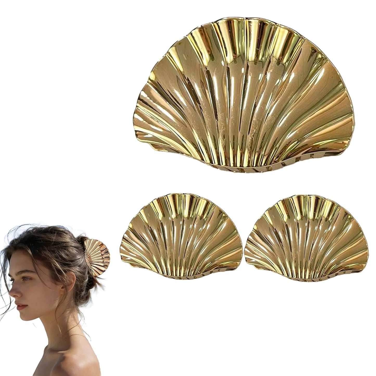 Seashell Hair Claw Clips - Gold Metal Clips for Thick/Thin Hair | 3PCS Set (1 Large + 2 Small)