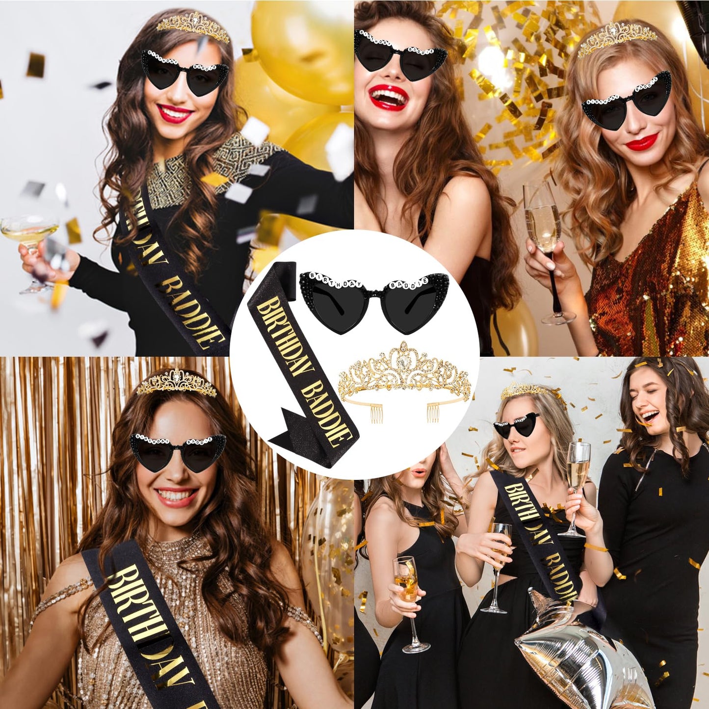 KICOSY 3PCS Birthday Baddie Sash, Crystal Crown and Sunglasses Funny Baddie Outfits Birthday Party Accessories