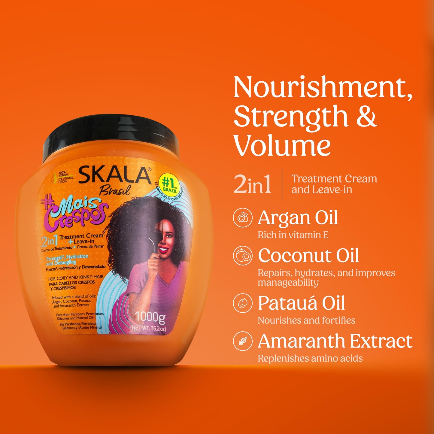 SKALA Mais Crespos 2-in-1 Treatment Cream and Leave-In Conditioner Strength, Detangling and Hydration for Coily and Kinky Hair, 35.2 oz