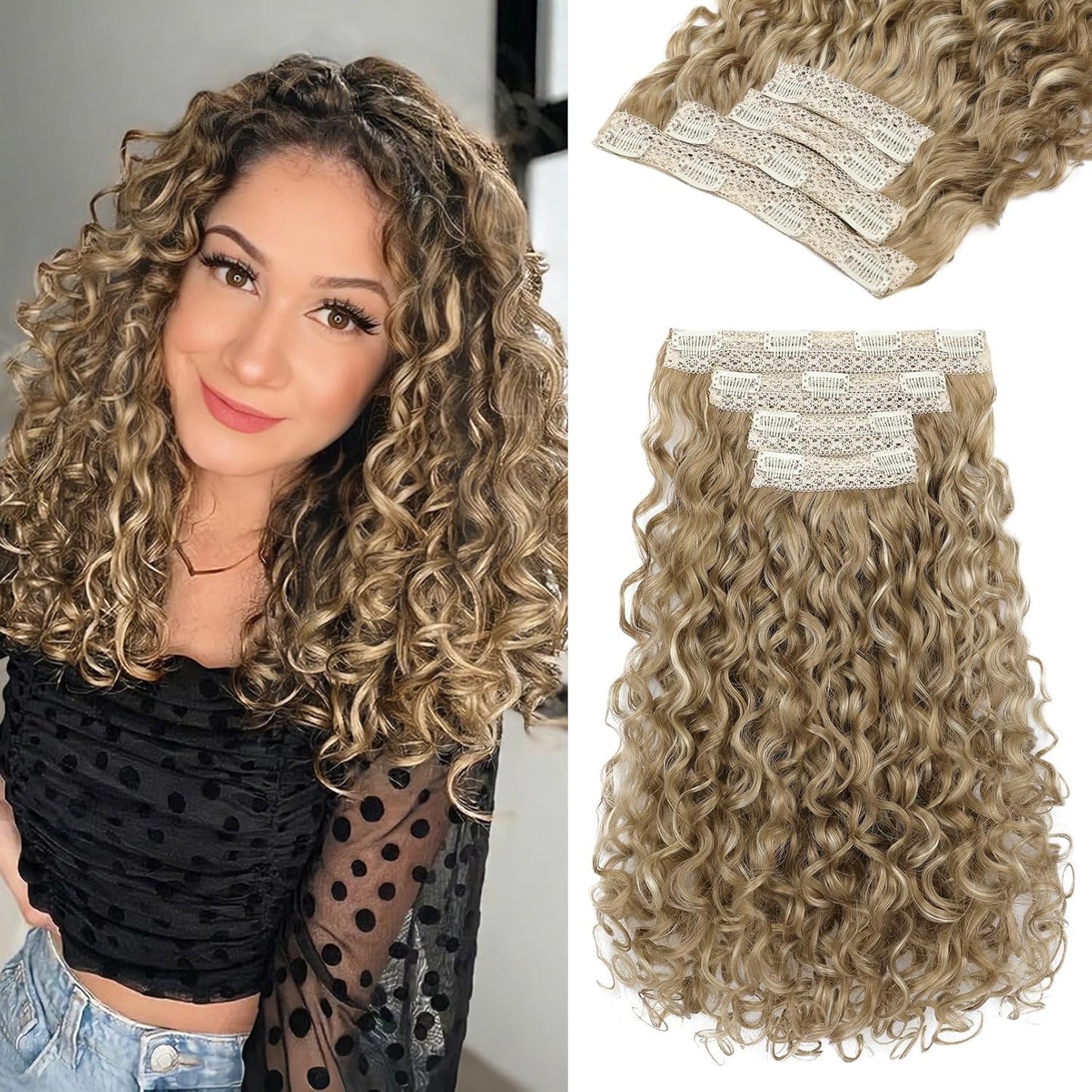 Curly Hair Extensions - 4PCS 18" GoGo Curly Clip-Ins | 100% Protein Hairpieces, Honey Blonde Highlights