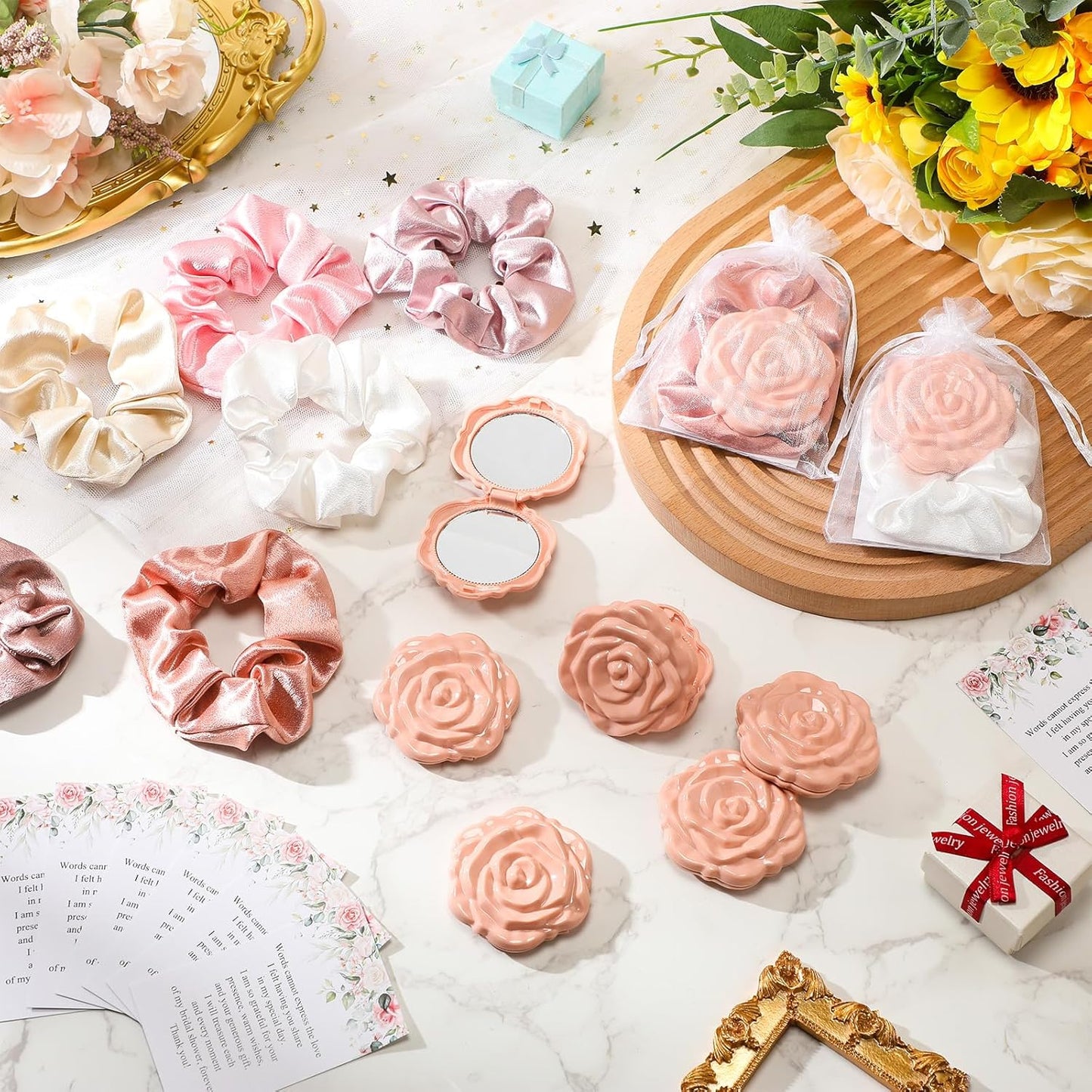 Rose Compact Mirror Set - 30 Bulk Bridal Shower Favors | Pink Souvenir Gifts with Hair Ties & Thank You Cards