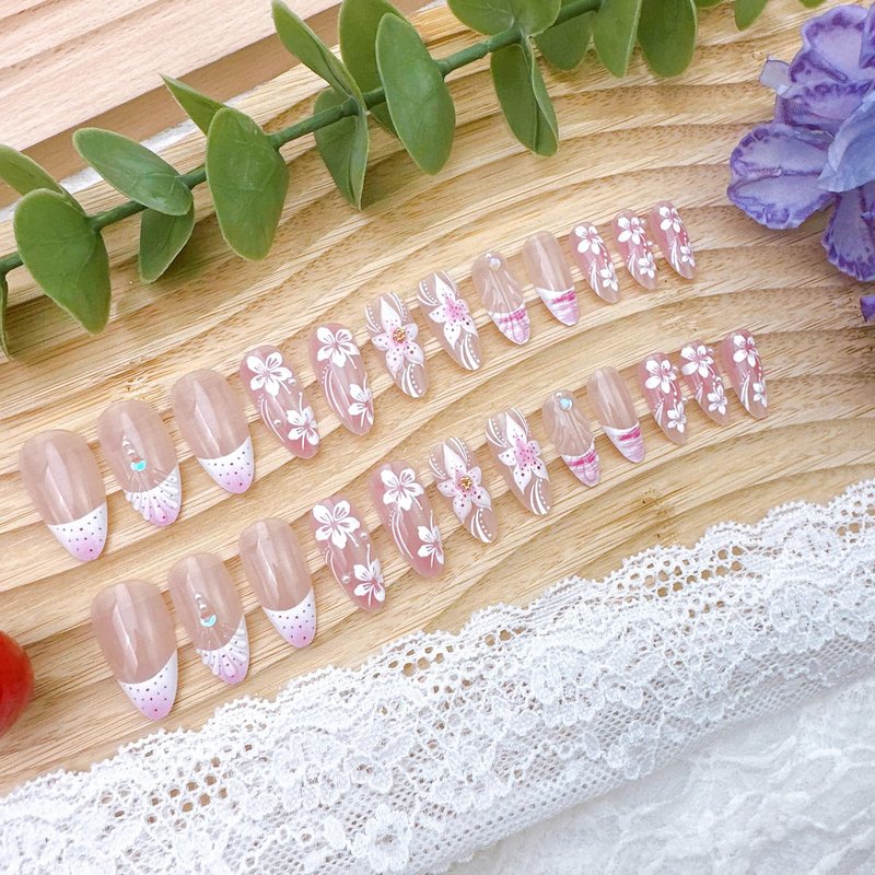 Press On Nails - 24 Pcs Pink French Tip with Pearl Rhinestones | Summer Beach Acrylic Floral Design