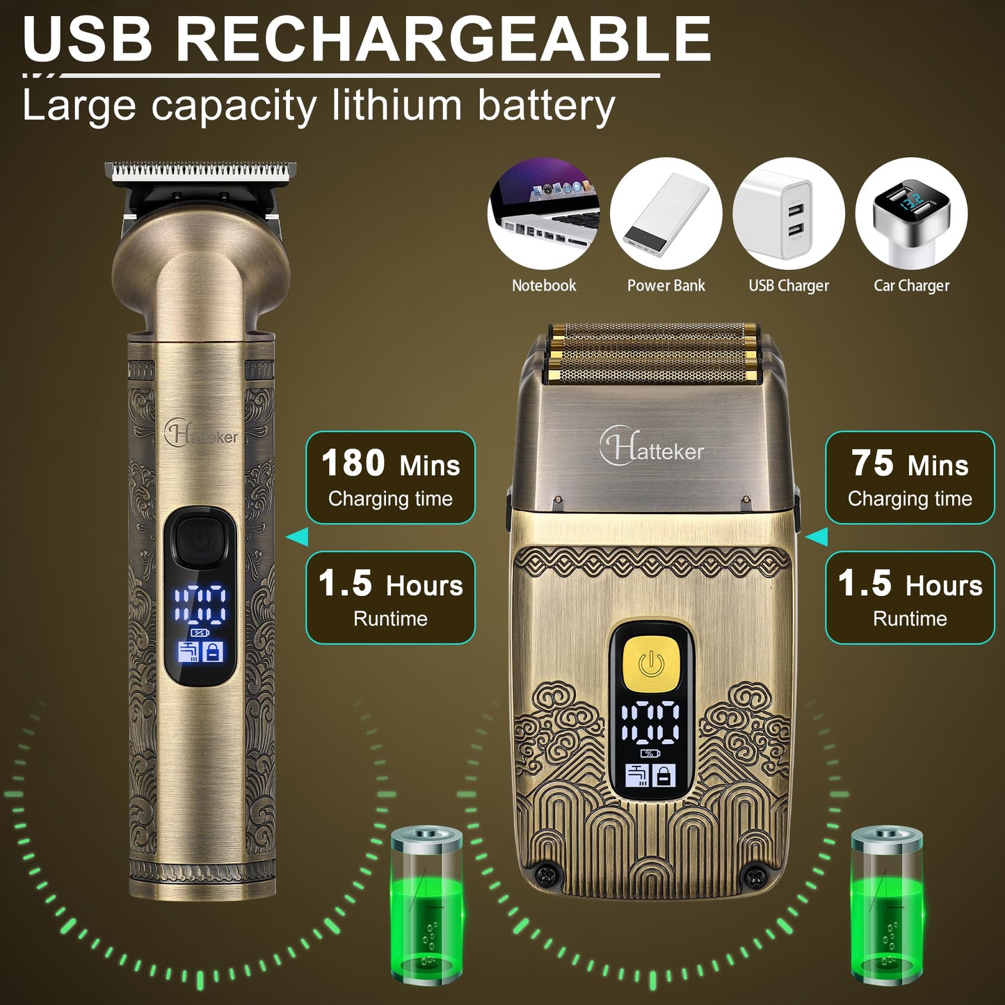Hatteker Professional Hair Clipper Electric Razor Foil Shavers for Men Body Nose Ear Hair Grooming Kit with Triple Blades Cordless Waterproof