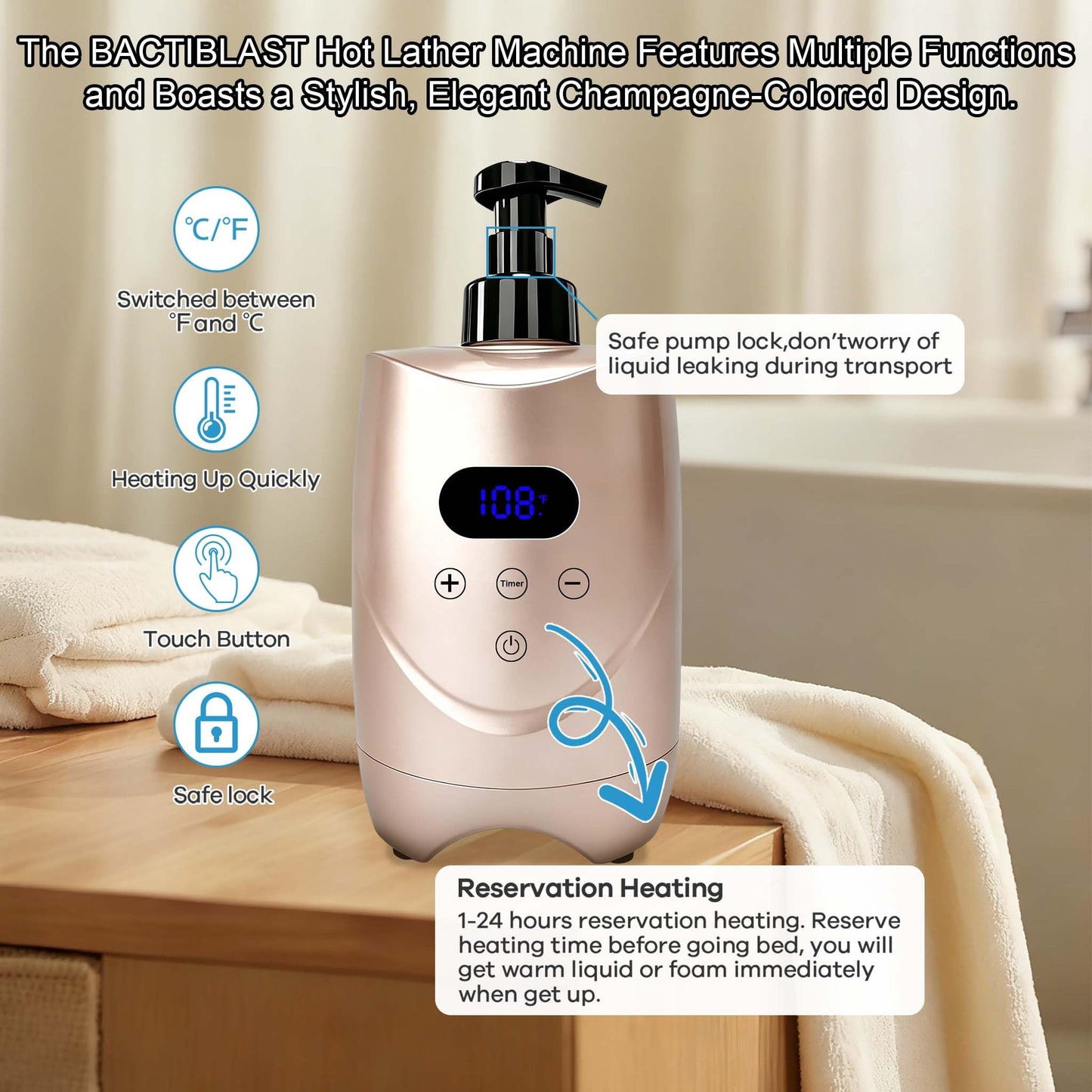 BACTIBLAST Champagne Colour Hot Lather Machine Barber – Professional Hot Shave Lather Machine for Men’s Facial Shaving | Shaving Cream Heater & Foam Machine, 500ml Bottles ×2,Hot Foam Machine Barber