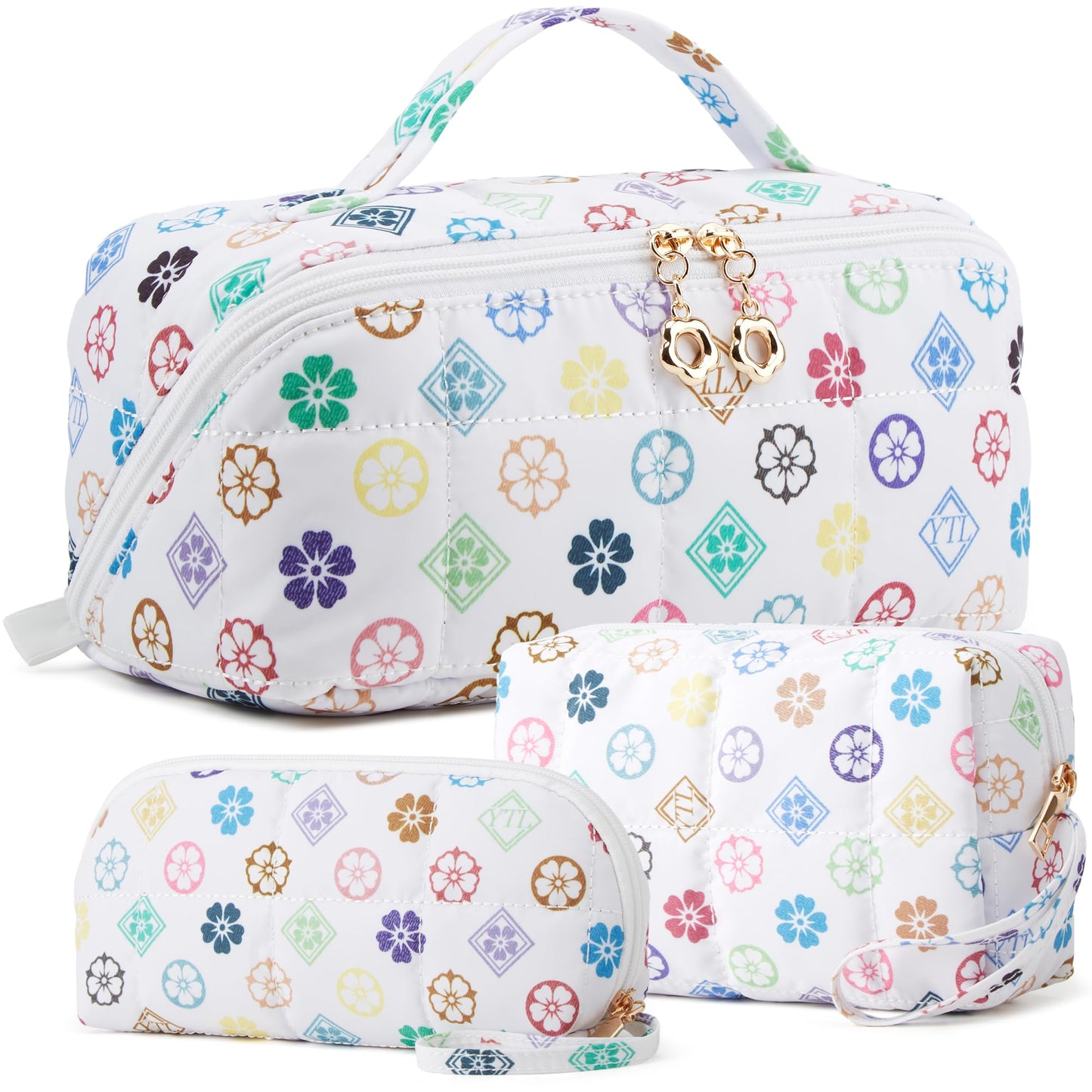 YTL Travel Makeup Bag, Puffer Cosmetic Bag for Women, Waterproof Puffy Padded Make Up Bags, Flat Open Portable Organizer Case Toiletry Bag Pouch Purse for Skincare, Brushes & Travel Essentials