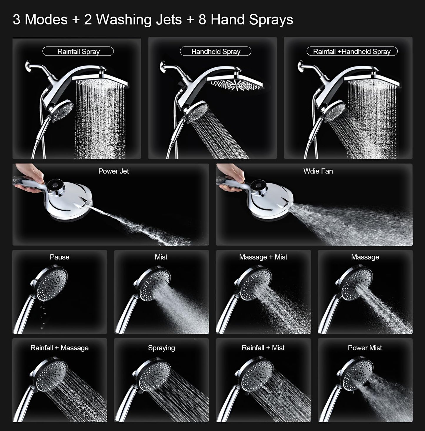 High Pressure Rain Shower Head: Upgrade Shower Heads with Handheld Spray Combo with Fixed Showerhead and 10 Sprays Handheld Shower Head, Detachable Shower head Built-in Magnetic Docking and Power Jets