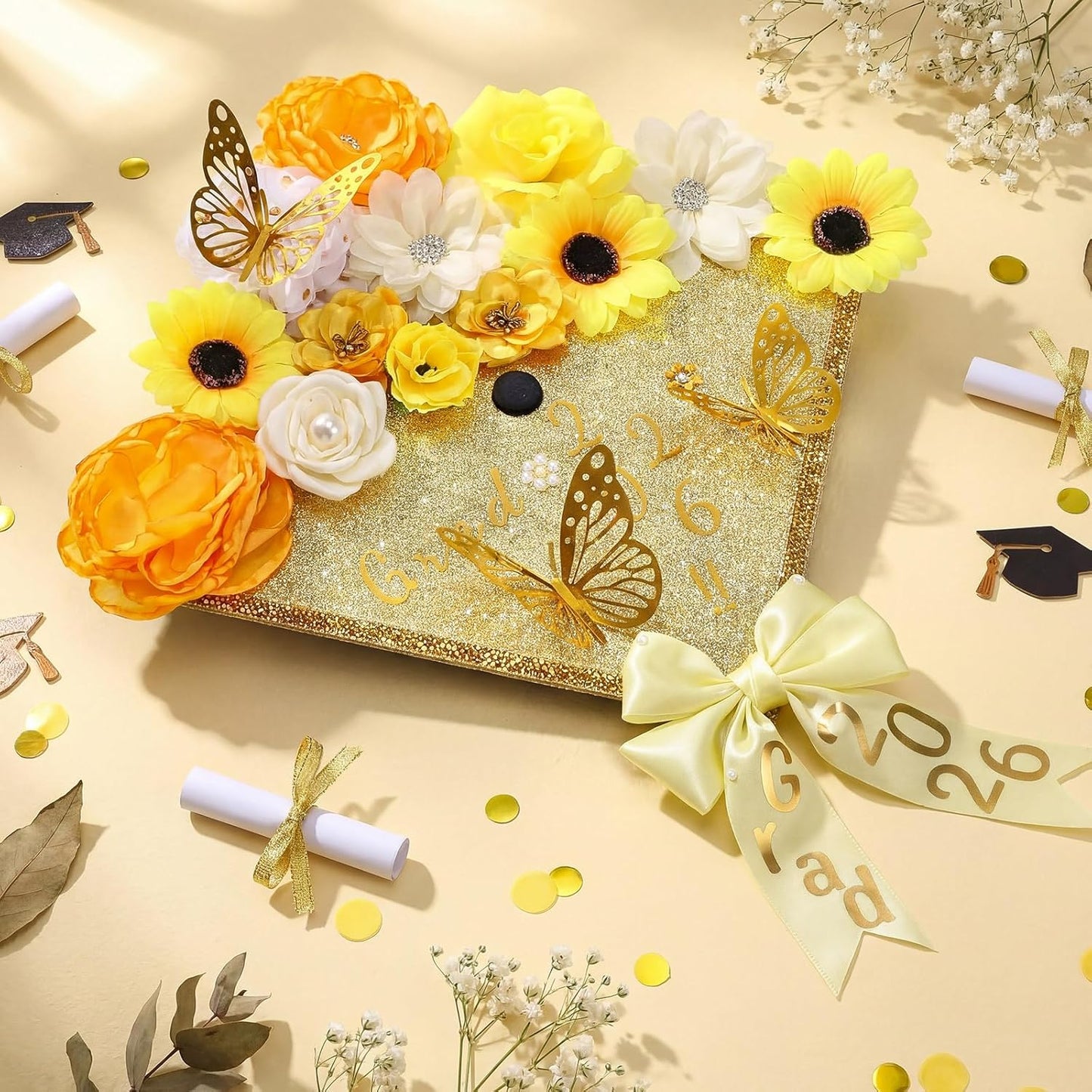 DIY Graduation Cap Decorations Kit - 68 Pcs Faux Flowers, 3D Butterflies, Rhinestones & Alphabet Stickers | Yellow