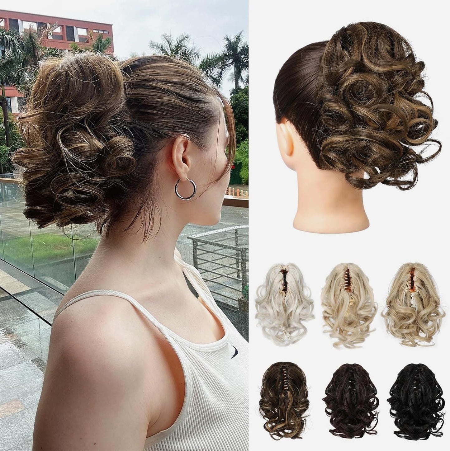 Ponytail Extension - 9" Short Curly Wavy Claw Clip Hairpiece | Chocolate Brown with Highlights