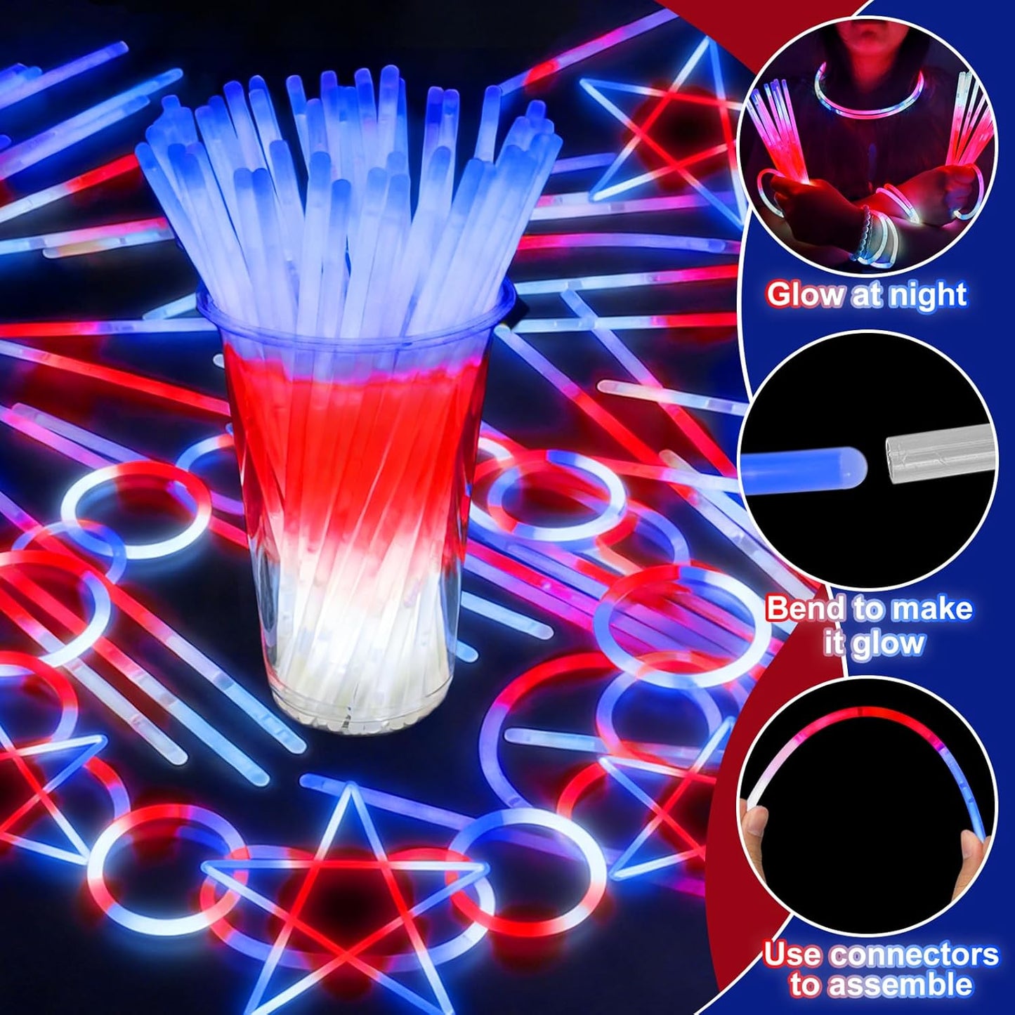 Glow Sticks for 4th of July | 200 Pcs Neon Party Favors with Connectors - Red, White, Blue Bracelets & Necklaces
