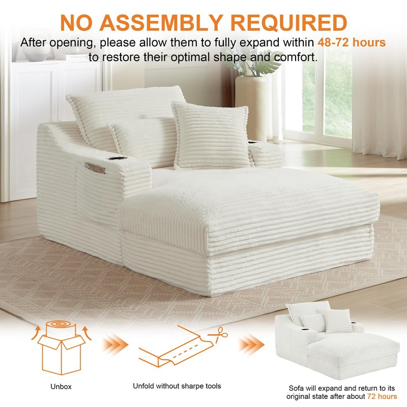 Oversized Chaise Lounge Chair Indoor, 67'' Upholstered Sleeper Sofa Bed with Cup Holders & 3 Pillows, Deep Seat Corduroy Boneless Cloud Sofa Couch for Living Room, No Assembly Reading Chair, White