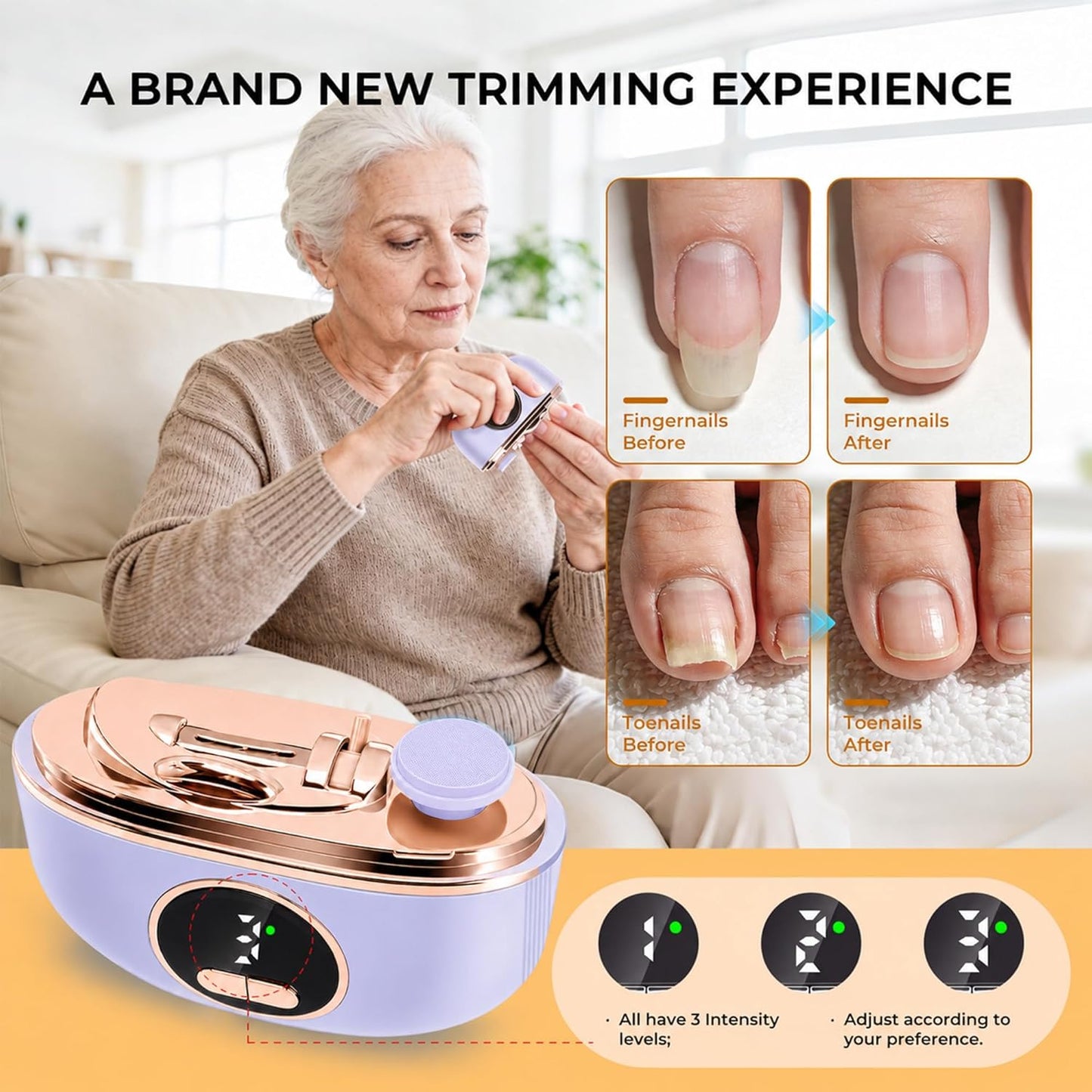 Electric Nail Clippers for Seniors - 3-in-1 Adjustable Dual-Slot, 3-Speed Trimming & Sanding | Night Lighting, Purple