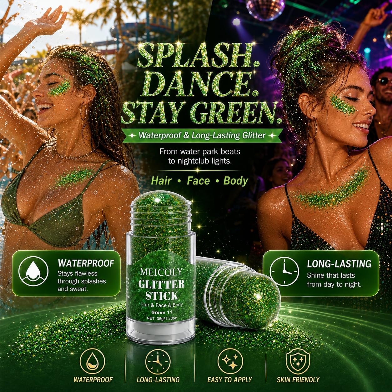 MEICOLY Jumbo 1.23 OZ Forest Green Hair Glitter Stick for Women Rave Outfit,Sparkling Face Glitter Stick for Christmas,St Patricks Day Accessories Body Glitter & Alien Fairy Costume