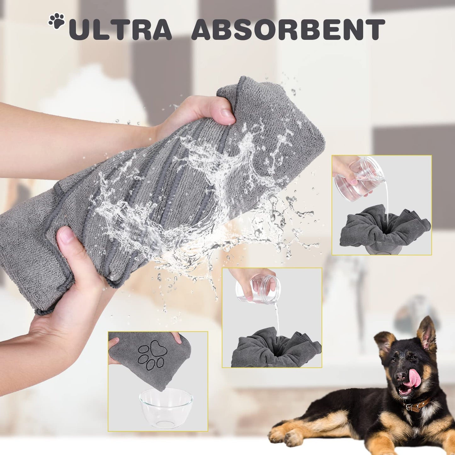 Chumia 4 Pack Dog Towels for Drying Large Microfiber Grooming Tools Absorbent Soft Bath Supplies with Embroidered Paw for Small Medium Pet Products(16 x 32 Inch,Gray)