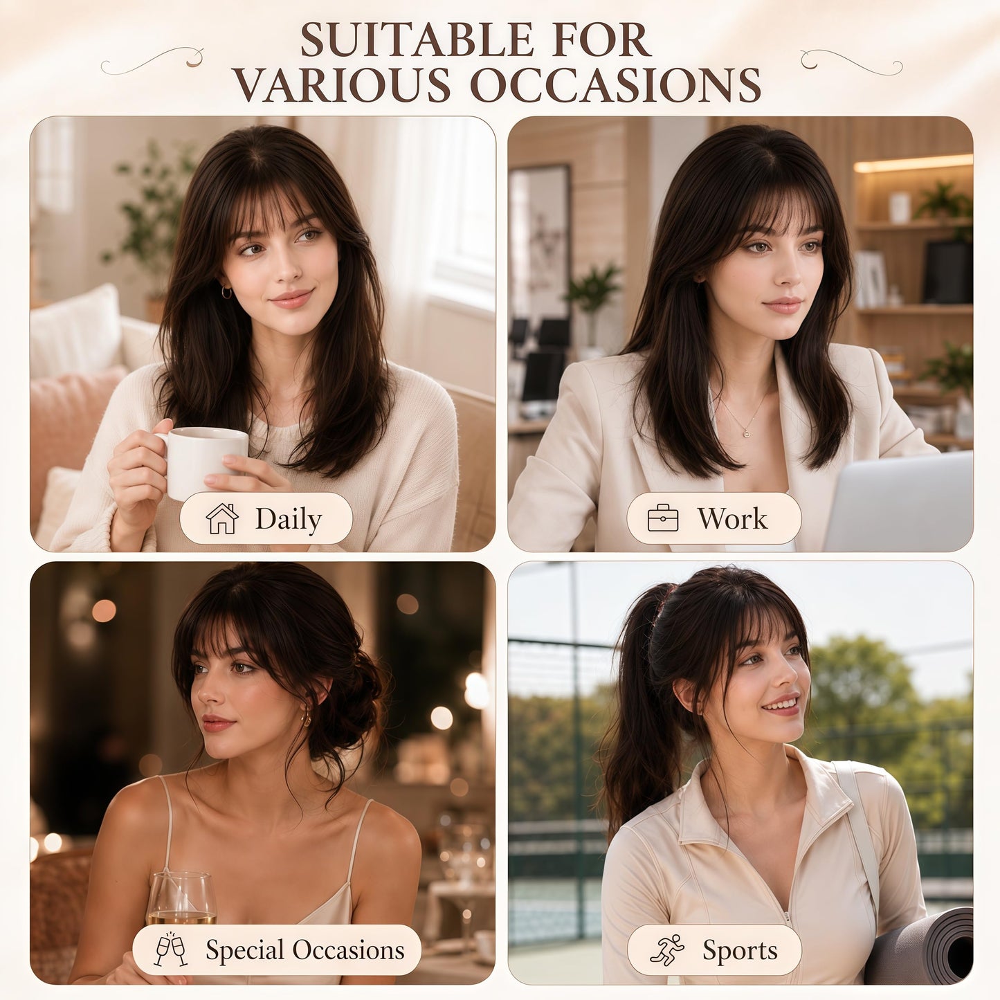 Hair Topper For Women Real Human Hair 10 Inch Super Lightweight Invisible Base Toppers Hairpieces for Women with Thinning Crown Fluffy Breathable for Summer Daily Wear(Dark Brown, French Bangs)
