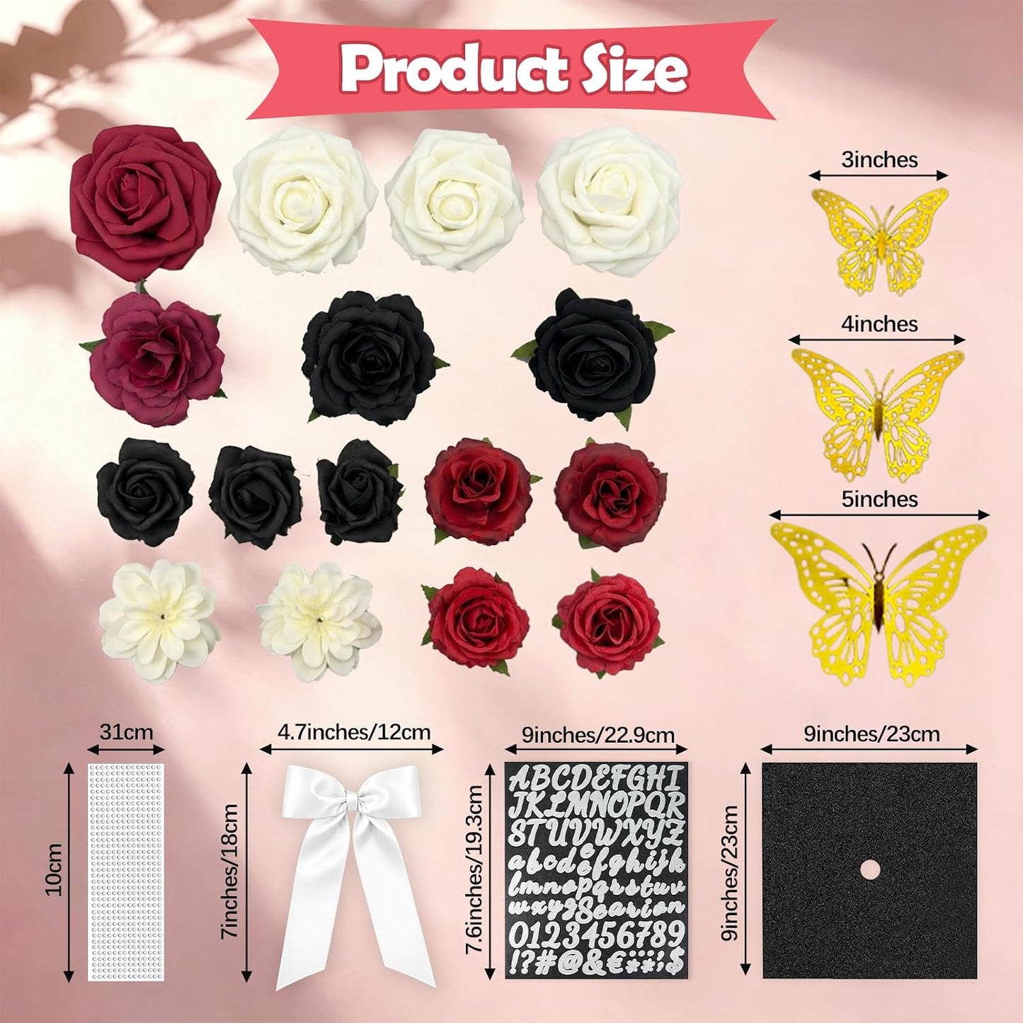 DIY Graduation Cap Decoration Kit - Faux Rose Flower Heads & 3D Butterfly Glitter Stickers | Black Grad Cap Topper