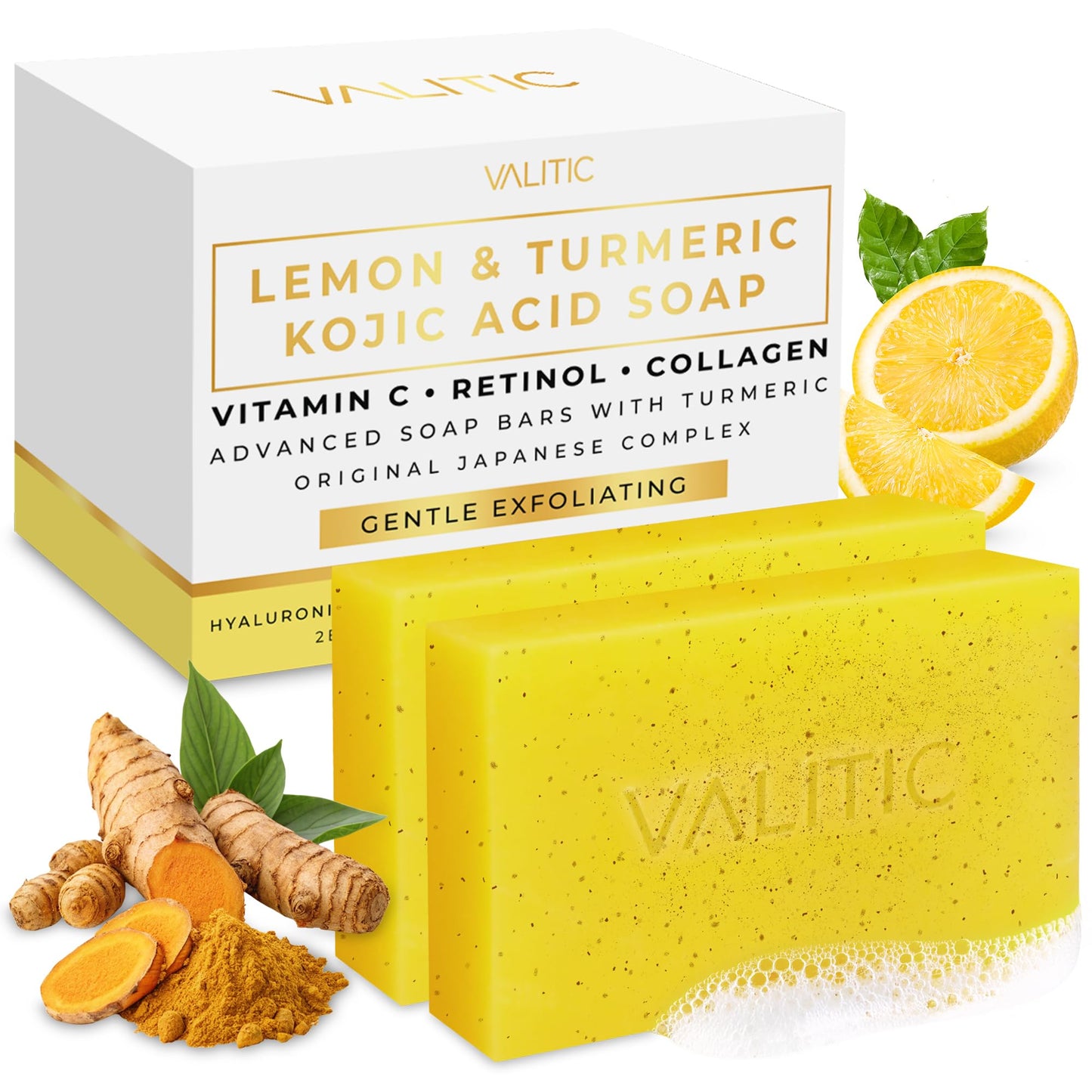 VALITIC Lemon Turmeric Soap for Dark Spots - Kojic Acid Soap for Face and Body - Exfoliating Bar for Brightening, Skin Tone Corrector with Retinol, Vitamin C, Collagen and Hyaluronic Acid - 2 Pack