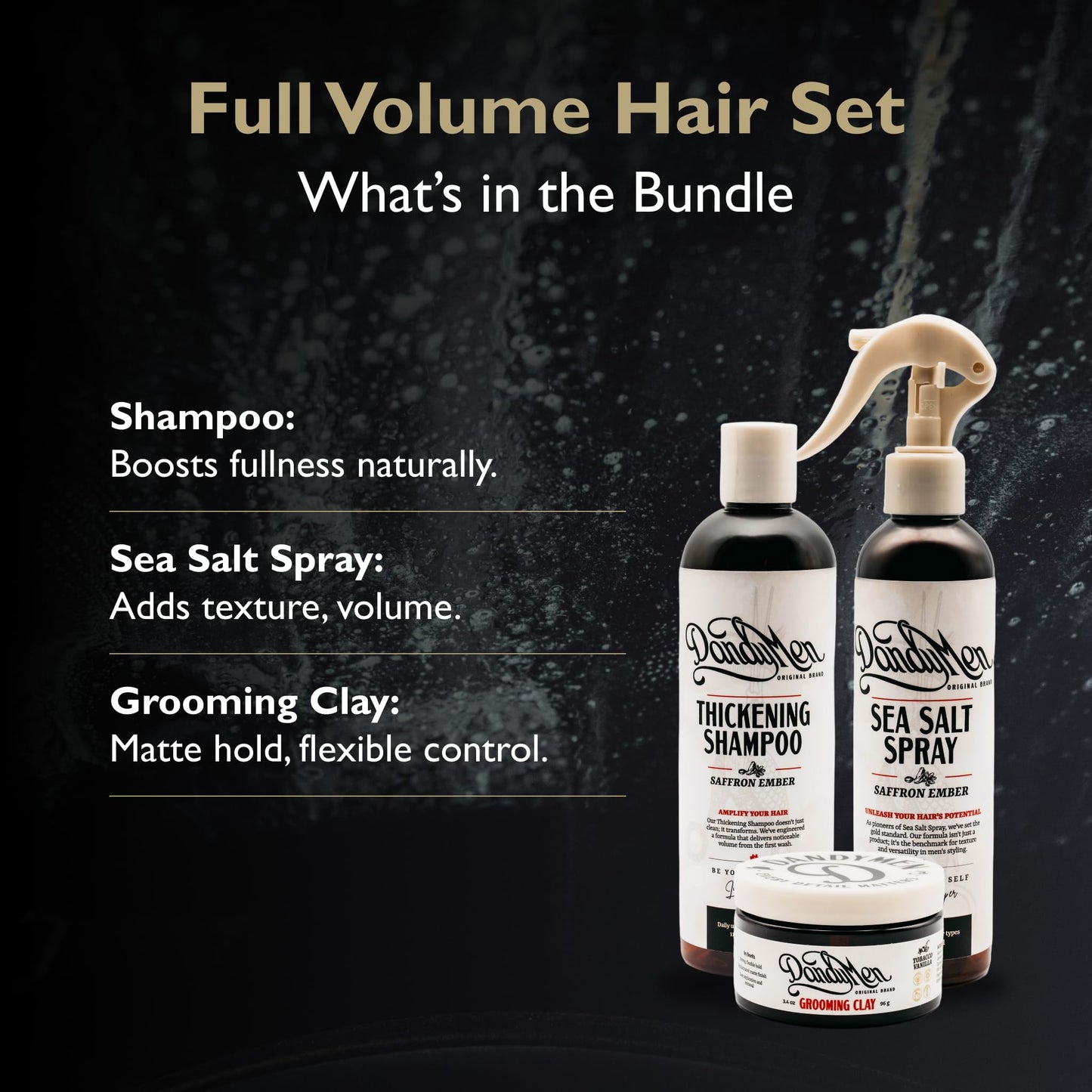 DandyMen Full Volume Hair Set for Men – Thickening Shampoo, Sea Salt Spray & Grooming Clay – 3-Step Styling Kit for Volume, Texture & Hold (Saffron Ember)
