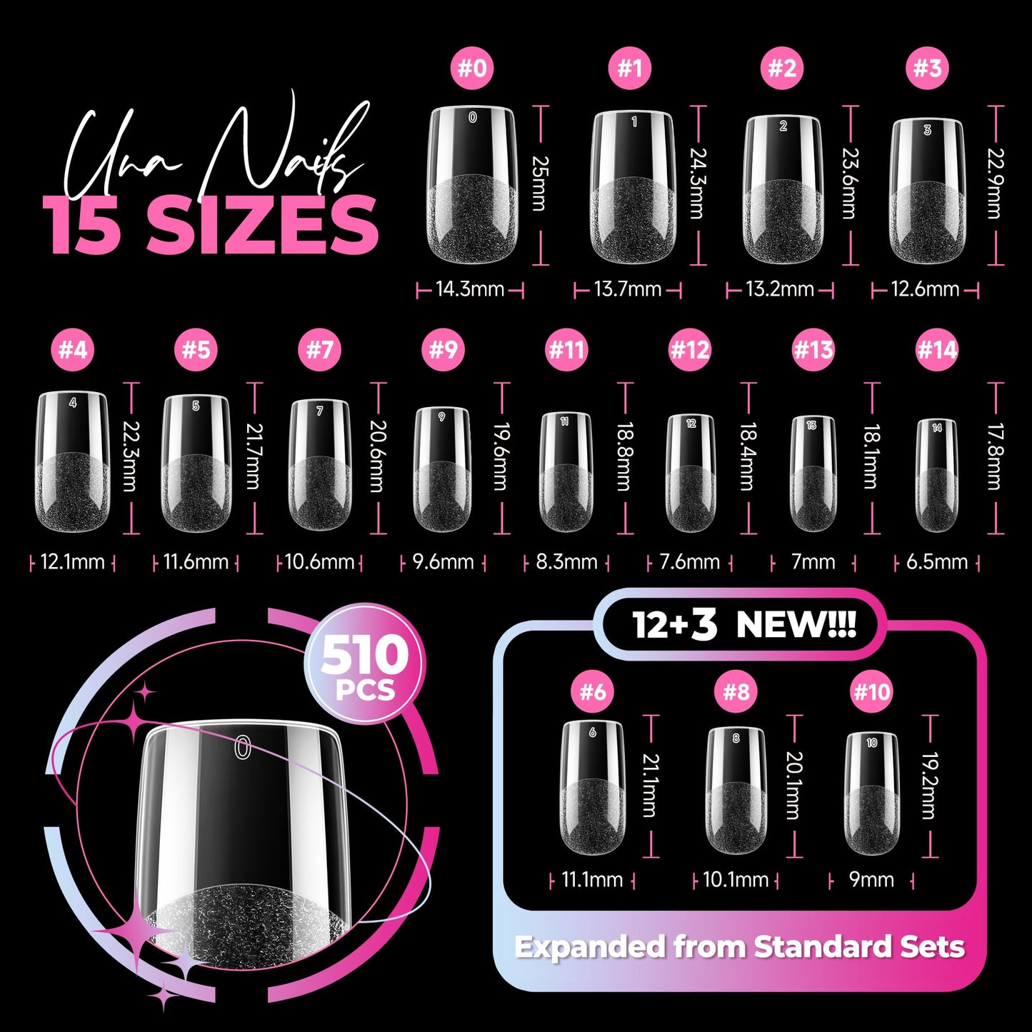 UNA GELLA Square Nail Tips 510Pcs 15 Sizes - No File Needed Pre-Buffed Medium Square Soft Gel Fake Nail Tips Clear Full Cover False Nails Soak Off Acrylic Nail Extensions for DIY Nail Art Salon