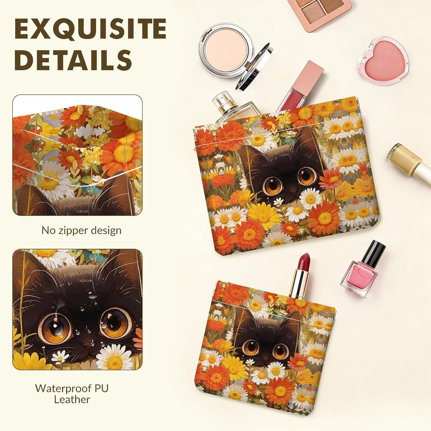 Makeup Bag Set - 2 PCS PU Leather Cosmetic Pouches for Travel | Self-Closing, Portable Design with Orange Flowers and Cats