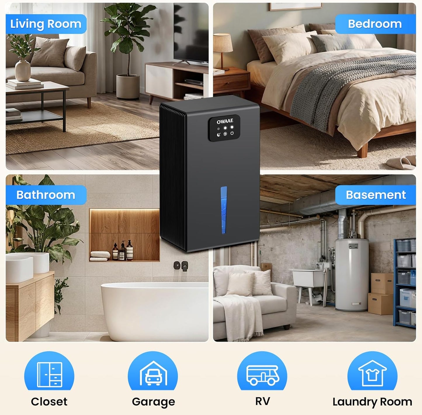 Quiet Dehumidifier for Home - 1000 Sq.Ft Coverage, 95oz Water Tank, Sleep Mode & 7 Color LED Light | Grey