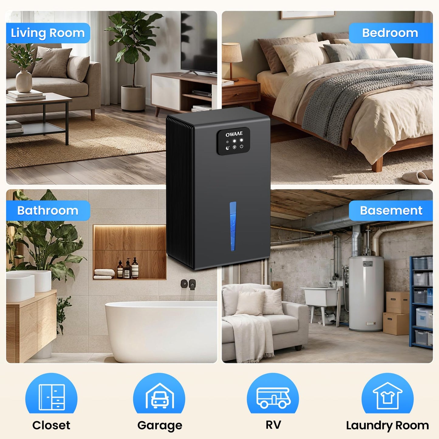 OWAAE Dehumidifier, 1000 sq.ft Quiet Dehumidifiers for Home Bedroom Basement Bathroom with 95oz Water Tank, Sleep Mode, Auto Shut-Off 7 Colors LED Light, Grey