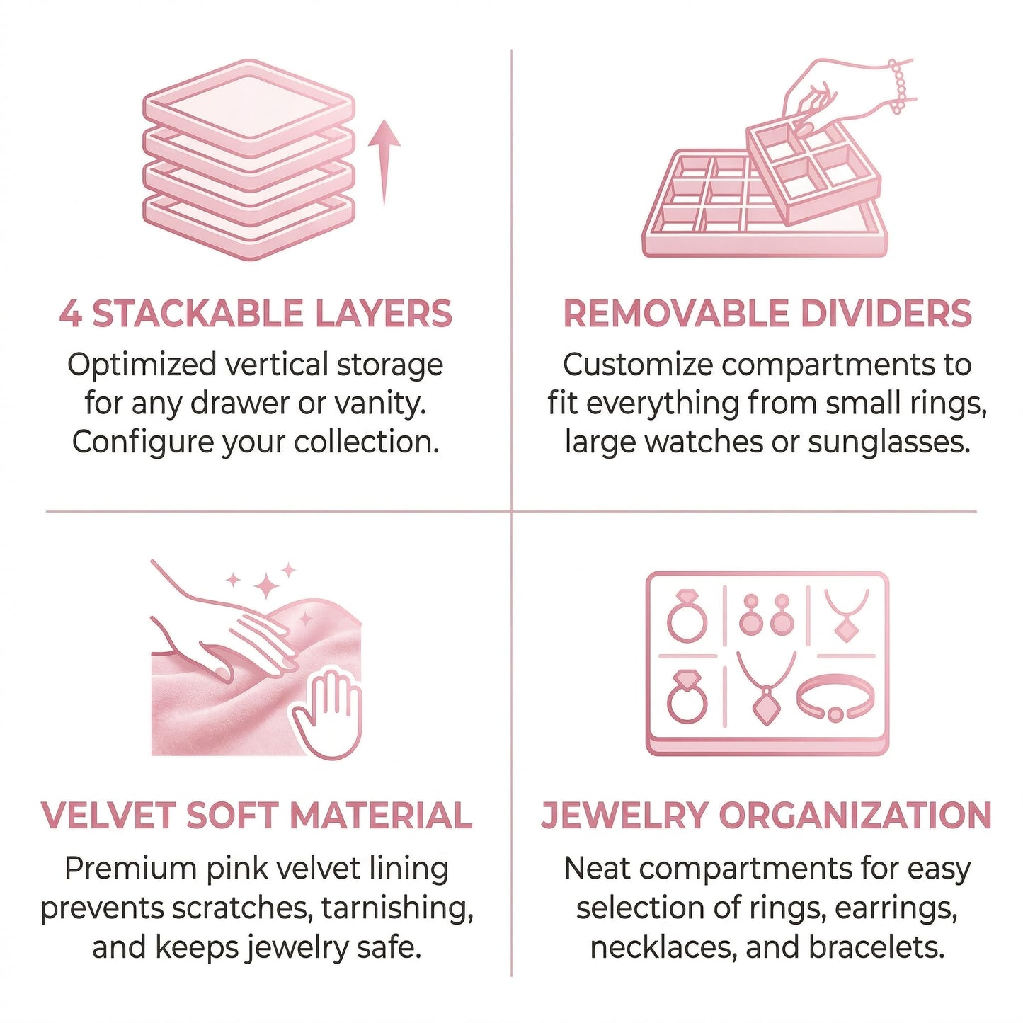 Velvet Jewelry Drawer Organizer Trays, 4-Layer Stackable Jewelry Storage Inserts Set, PINK Jewelry Tray Set for Earrings, Rings, Necklaces and Bracelets, Removable Dividers for Dresser Drawer