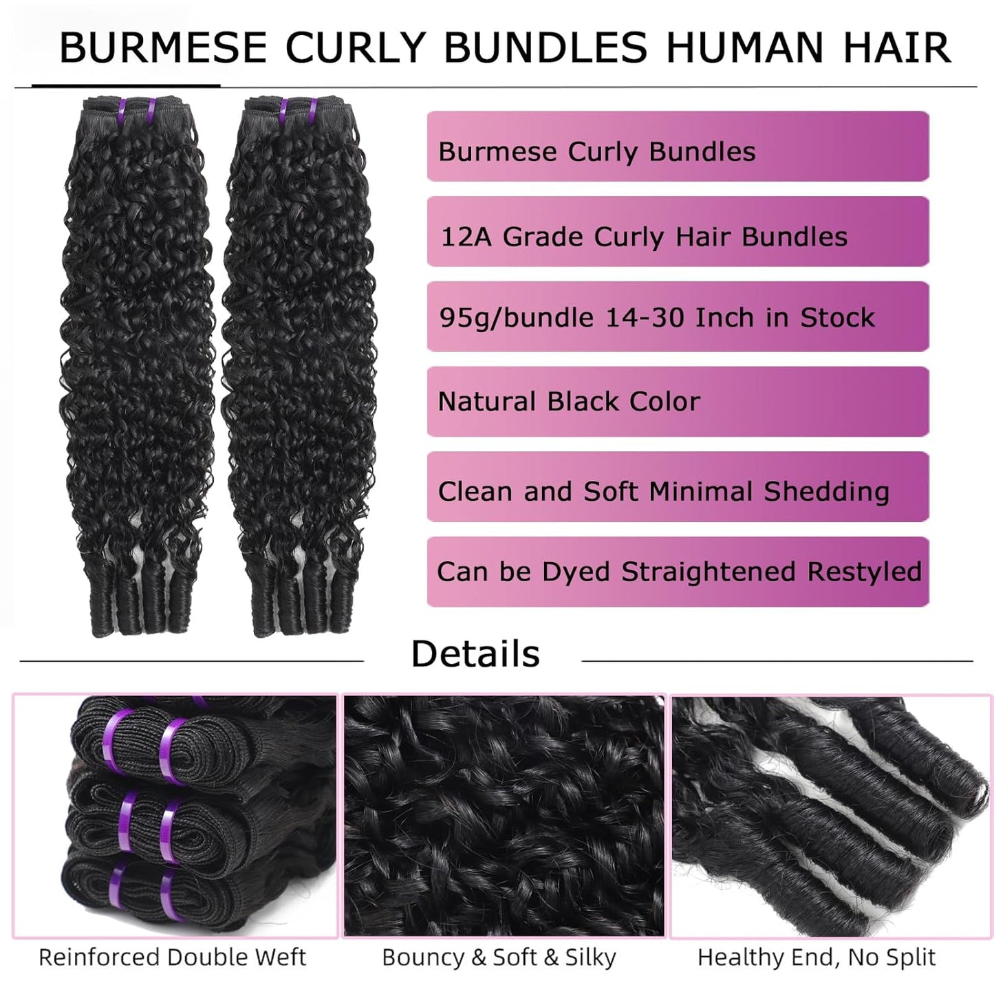 Burmese Curly Hair Bundles - 100% Unprocessed Virgin Remy Hair | 20, 22, 24 Inch Natural Color Extensions for Women