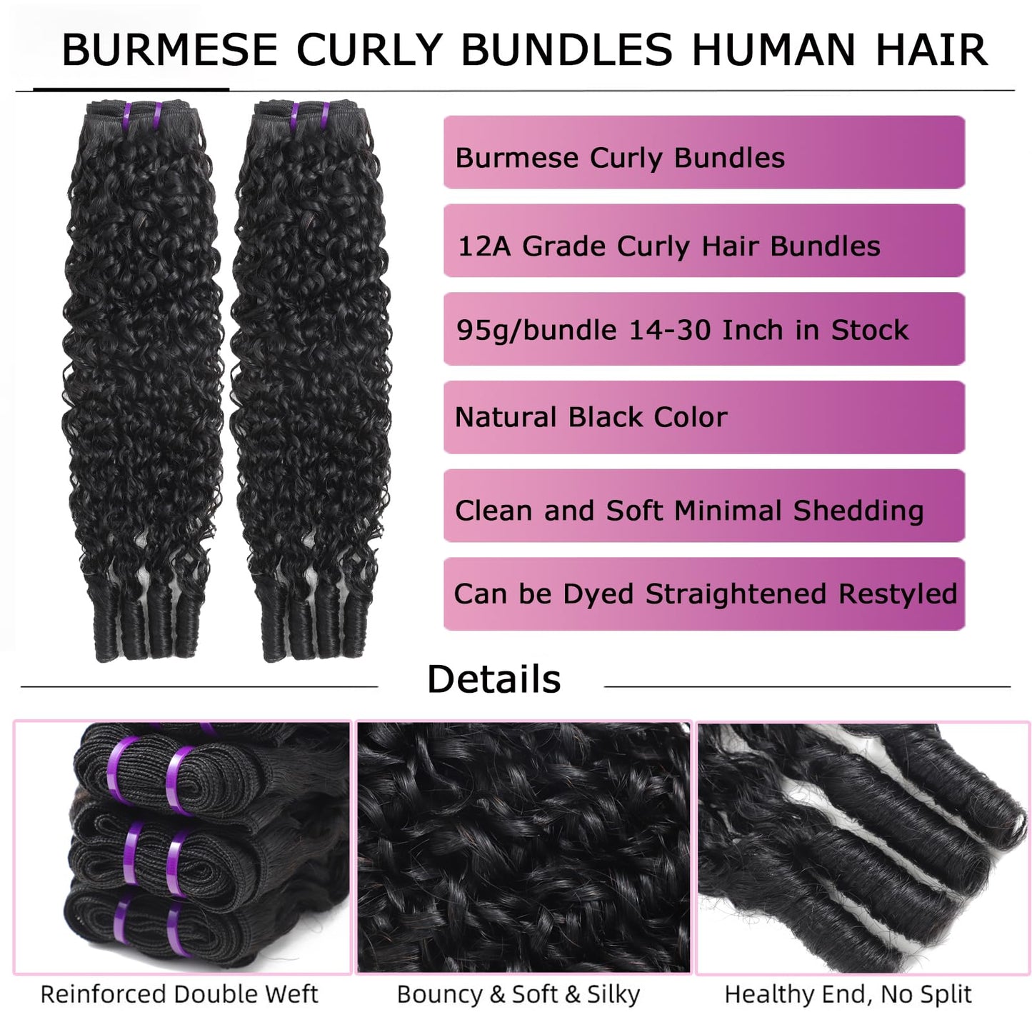 PINJUOO Burmese Curly Human Hair Bundles 20 22 24 Inch 100% Unprocessed Virgin Remy Hair 3 Bundles 12A Raw Burmese Curly Hair Extensions Natural Color for Women