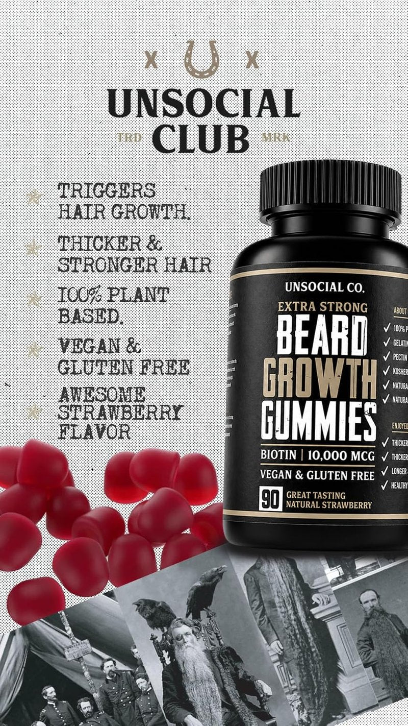 Unsocial Pomade Beard Growth Gummies 90 ct | 10,000mcg Biotin | Vitamin B7 | Vegan, Kosher & Gluten Free | Natural Strawberry Flavor