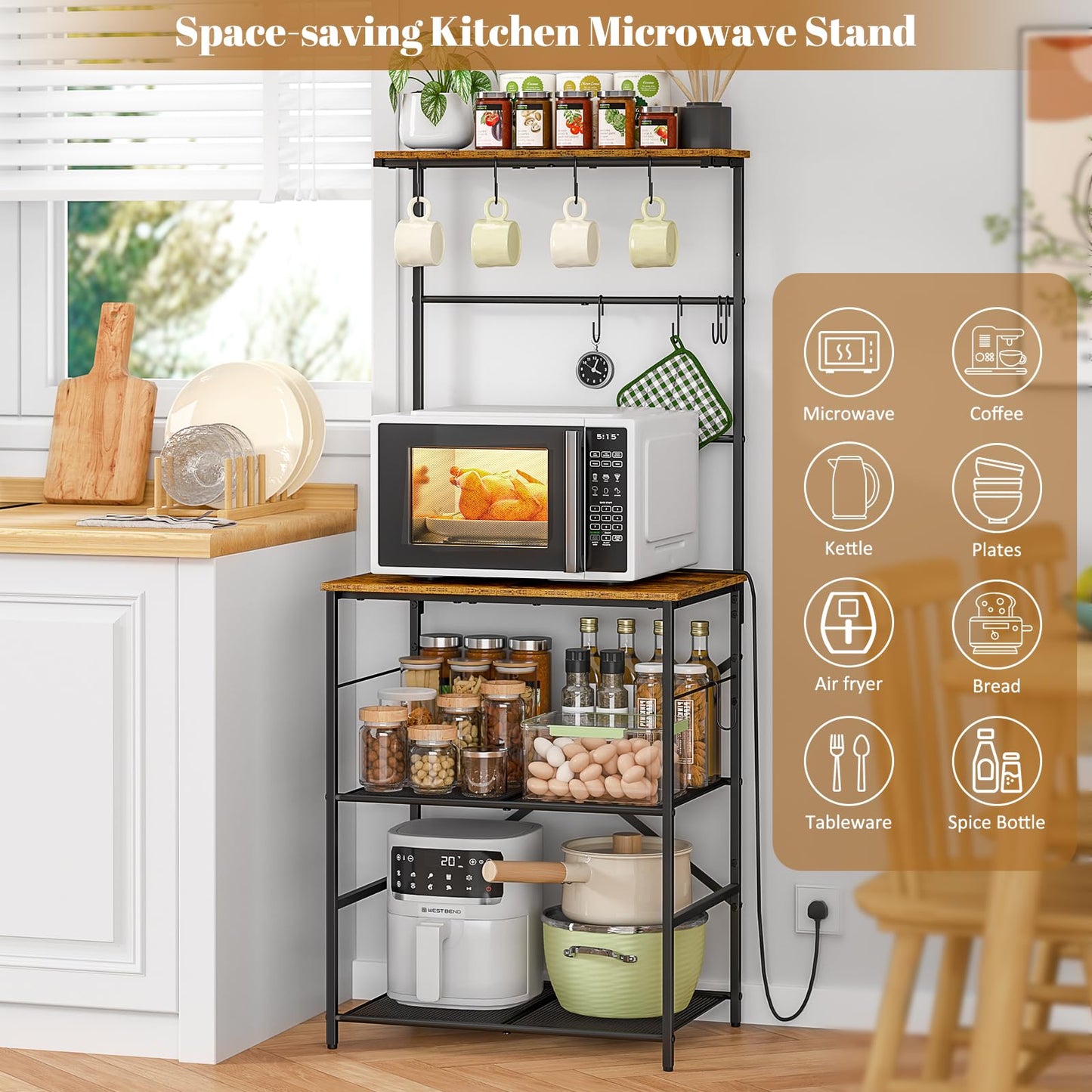 4 Tier Coffee Bar Station, Kitchen Stand with 8 S-Shaped Hooks, Large Space Coffee Station Table, Farmhouse Coffee Bar Shelf, Bakers Rack for for Kitchen, Living Room, 23.62" W x 15.74" D x 57.13" H