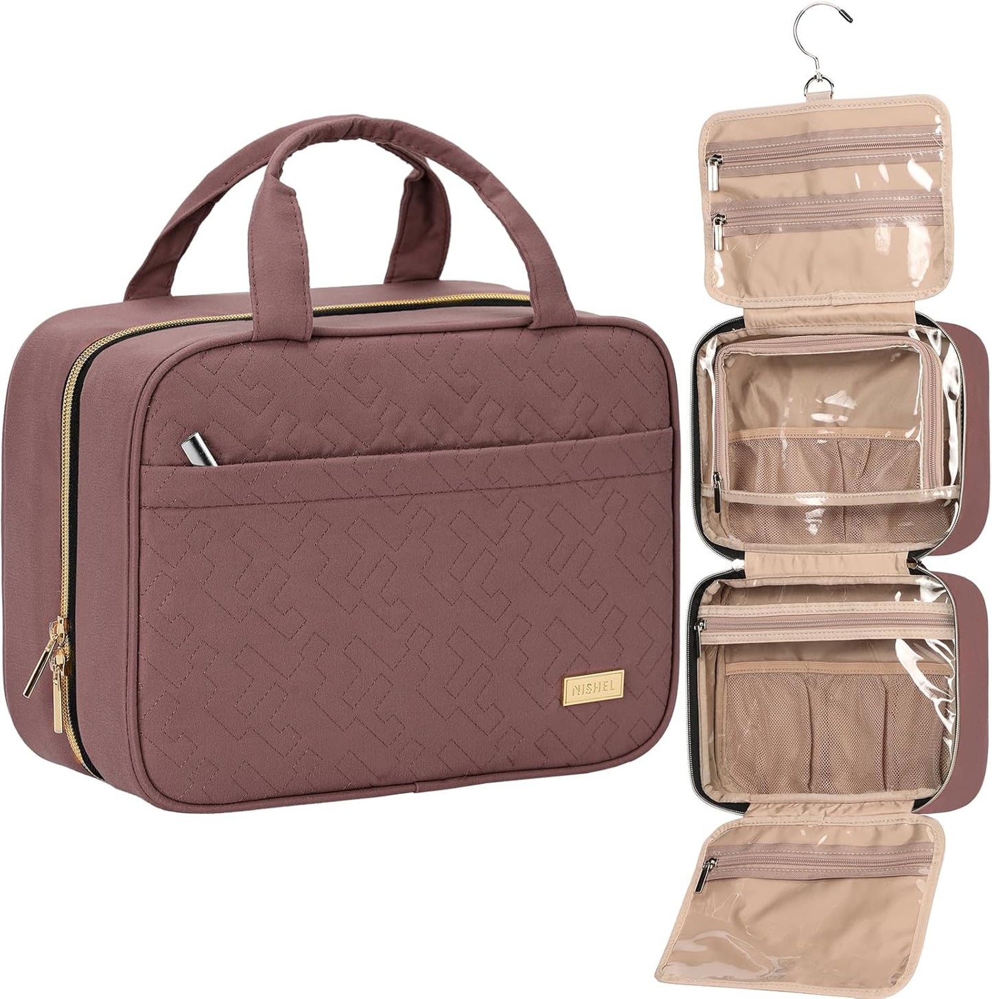 NISHEL Travel Toiletry Bag - Portable Hanging Organizer for Shampoo, Conditioner & Makeup | Medium Pink