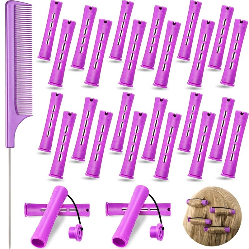 24 Pcs Hair Perm Rods - Plastic Cold Wave Curlers with Steel Pintail Comb | Purple, 0.75 Inches