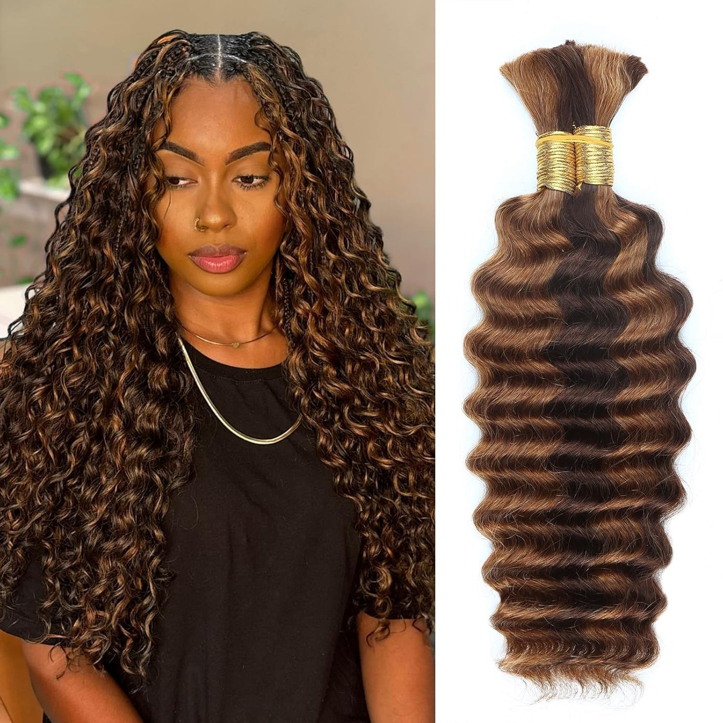 Human Braiding Hair - 14 Inch Ombre Highlight Deep Wave Bulk Extensions | Curly Bundles for Knotless Braids (4/27)