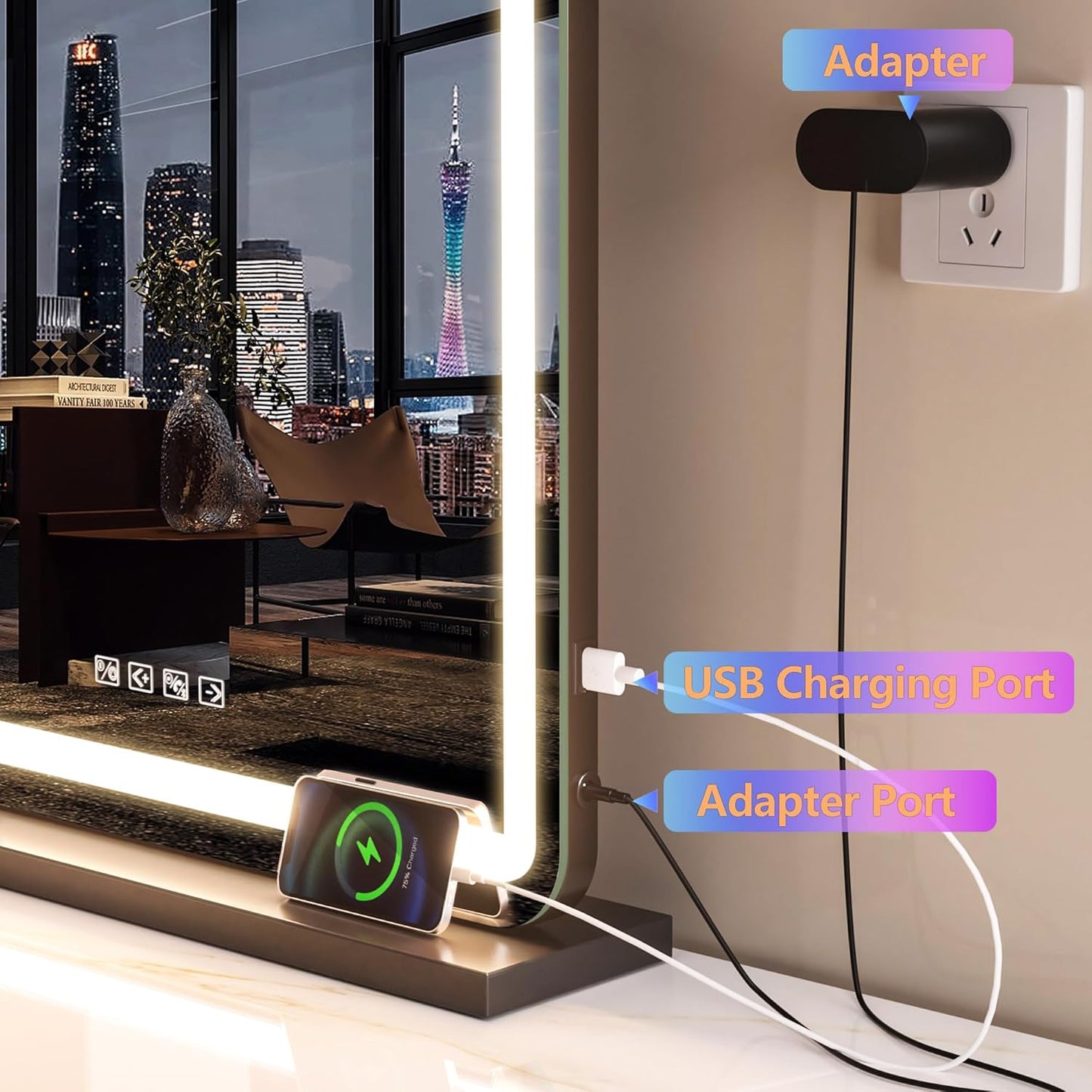 LED Makeup Mirror with Lights - 31.5" x 22" Dimmable Touch Screen Vanity Mirror | Round Black Design